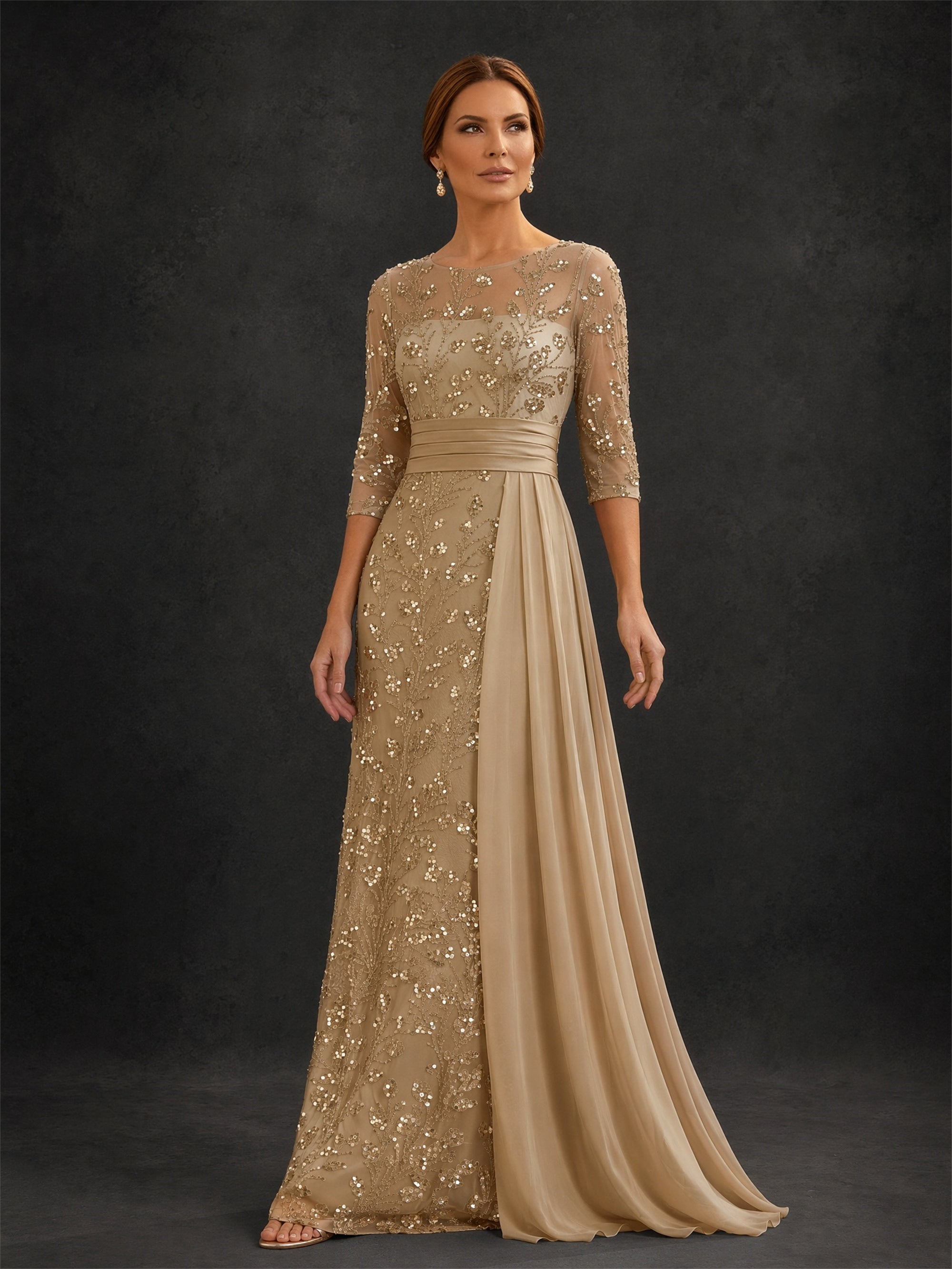 BOLODOO Champagne Gold All-Over Sequin Floral Embroidered Sheath Gown – Front View Full Length Relaxed Pose
