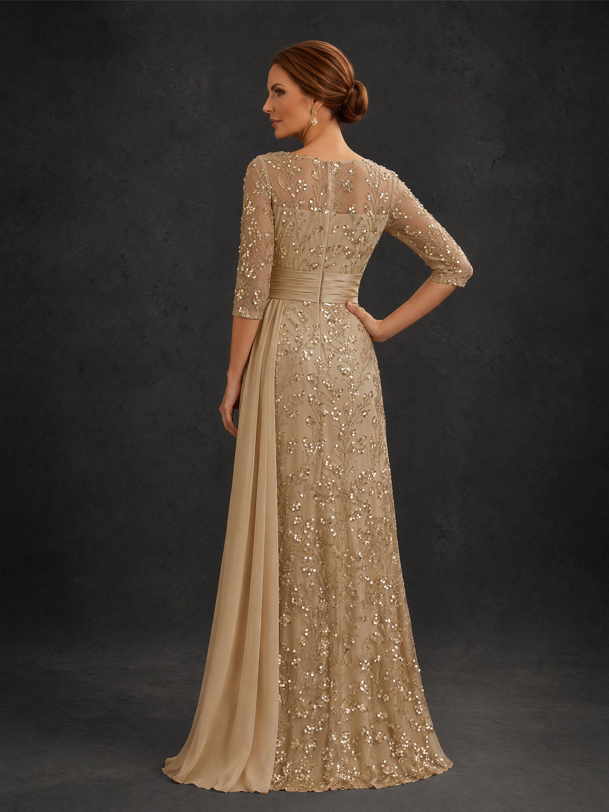 BOLODOO Champagne Gold All-Over Sequin Floral Embroidered Sheath Gown – Back View Full Length Showing Illusion Lace Back