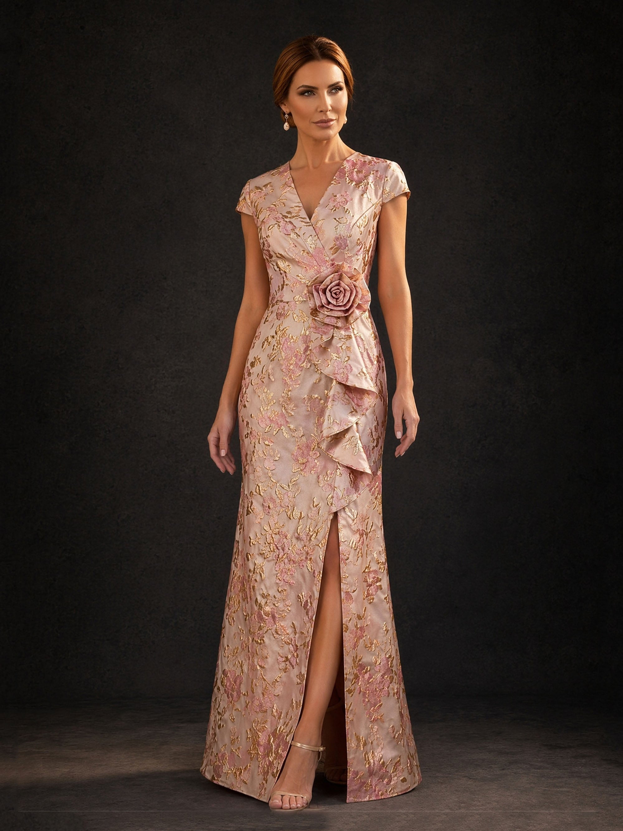 BOLODOO Rose Gold Jacquard V-Neck Cap Sleeve Sheath Gown – Front View Full Length Relaxed Pose