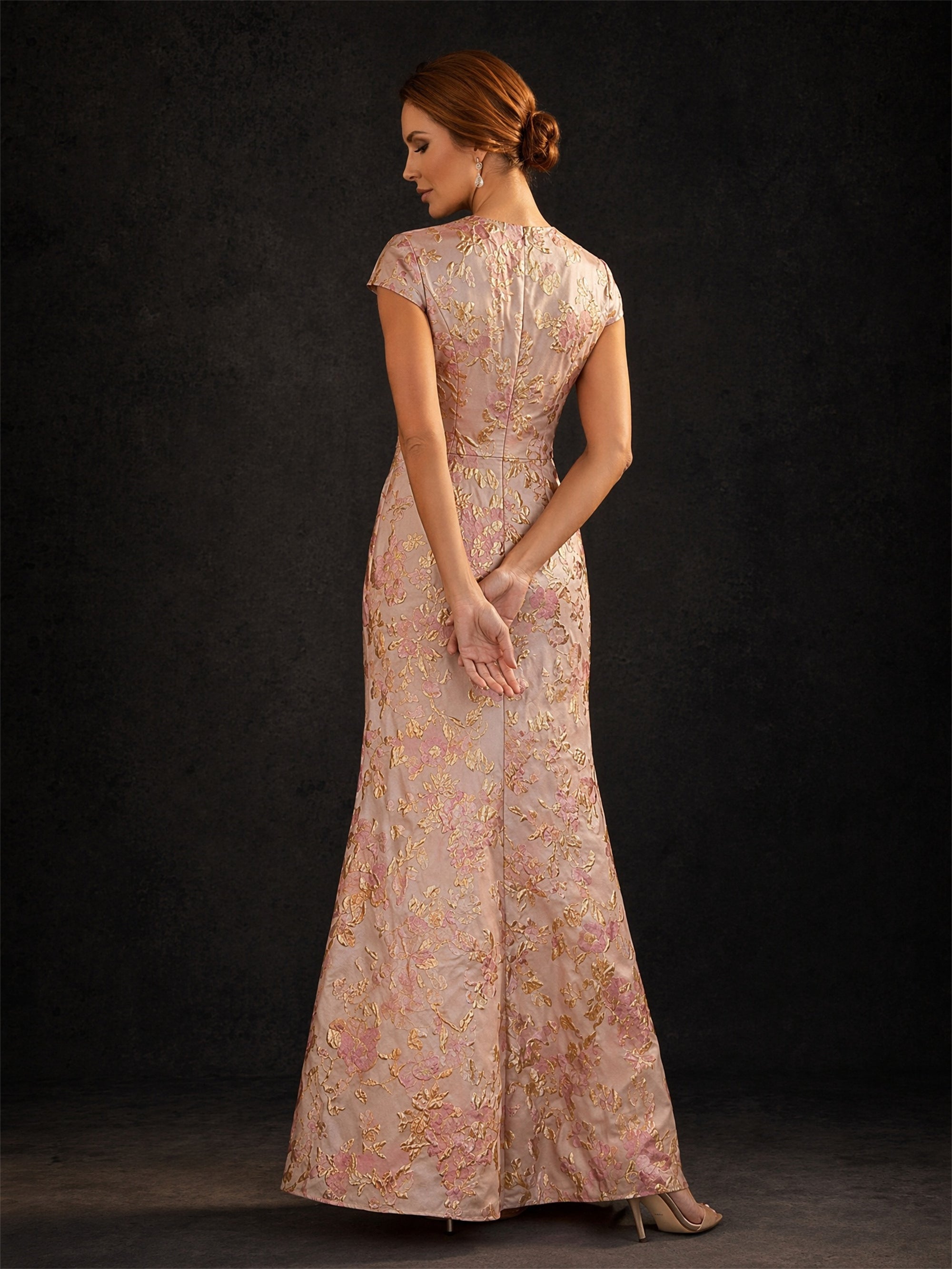 BOLODOO Rose Gold Jacquard V-Neck Cap Sleeve Sheath Gown – Back View Full Length