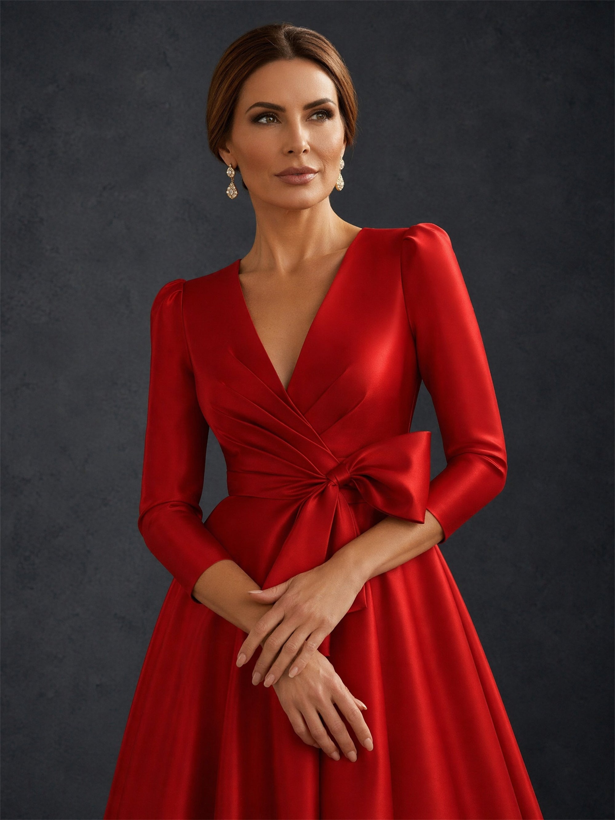 BOLODOO Red Satin Deep V-Neck 3/4 Puff Sleeve A-Line Ball Gown – Front View Full Length