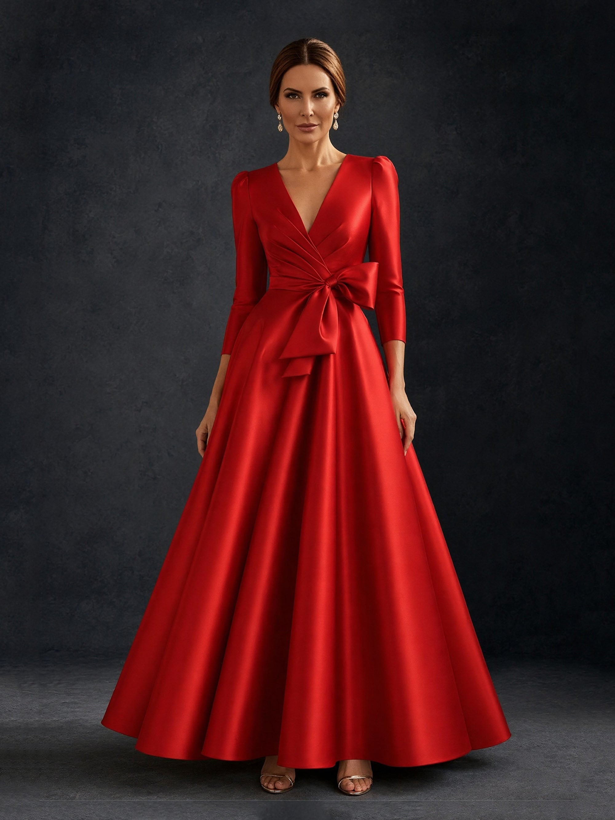 BOLODOO Red Satin Deep V-Neck 3/4 Puff Sleeve A-Line Ball Gown – Front View Full Length Relaxed Pose