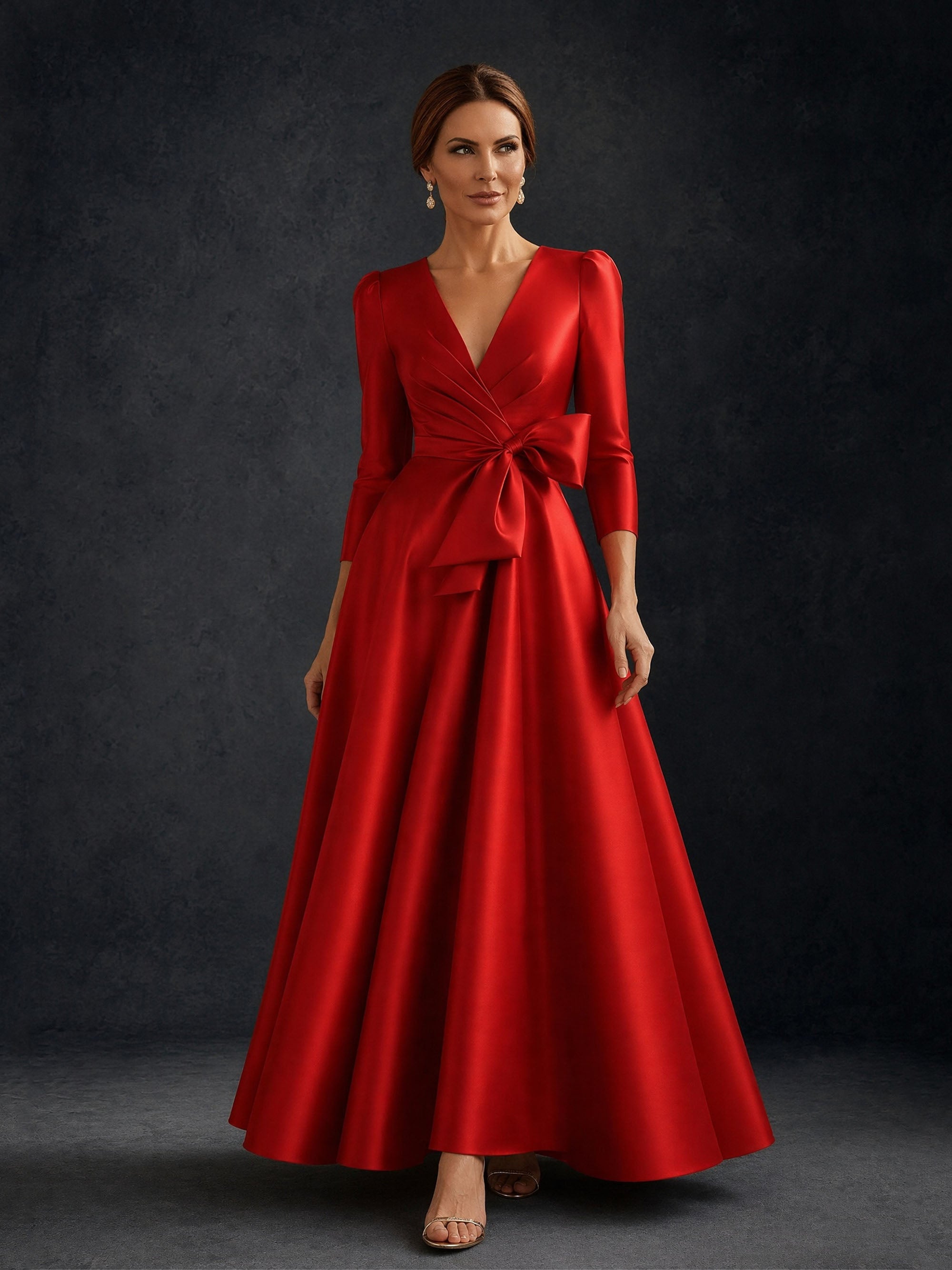 BOLODOO Red Satin Deep V-Neck 3/4 Puff Sleeve A-Line Ball Gown – Back View Full Length