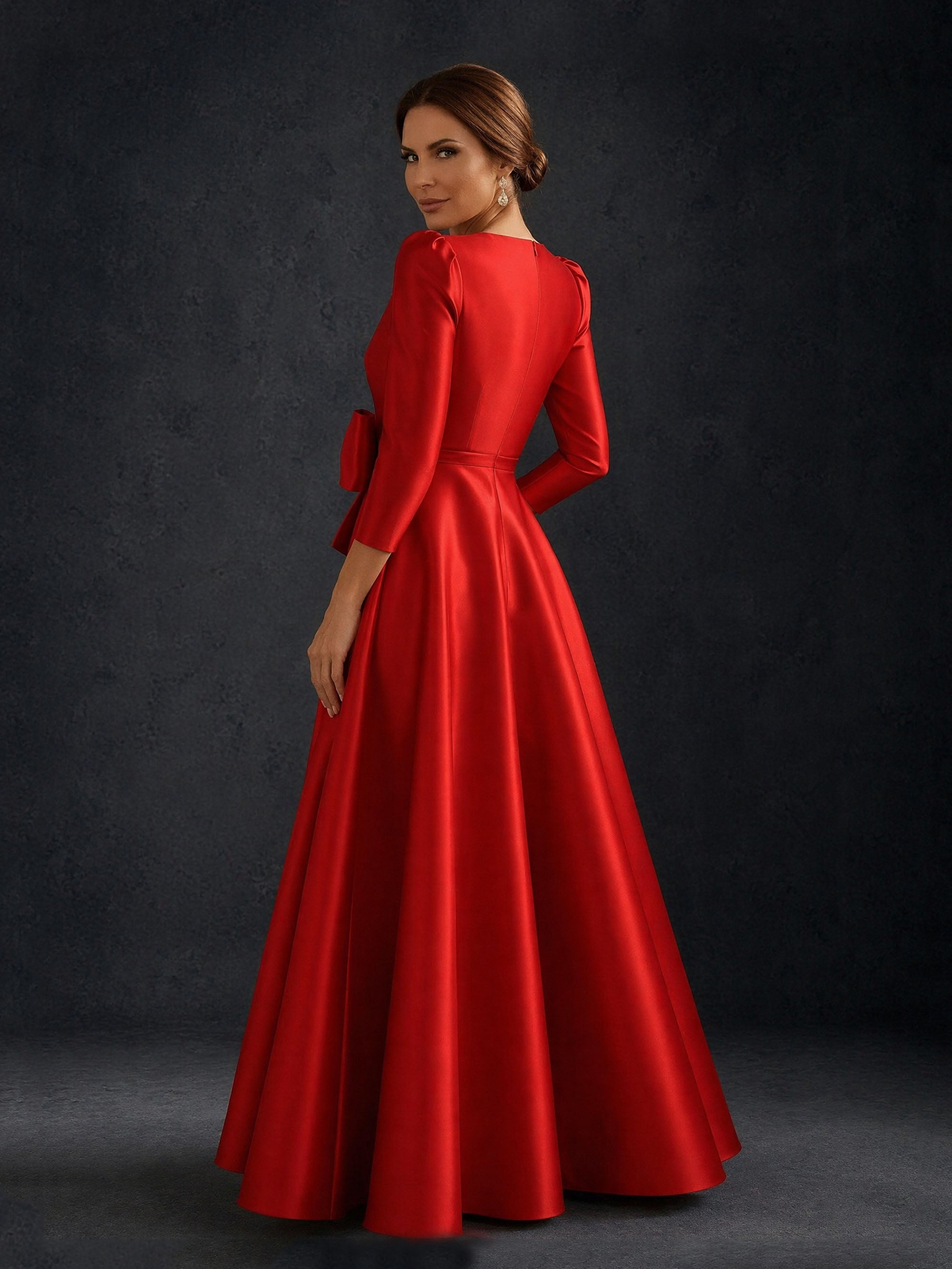 BOLODOO Red Satin Deep V-Neck 3/4 Puff Sleeve A-Line Ball Gown – Upper Body V-Neck & Bow Belt Close-Up