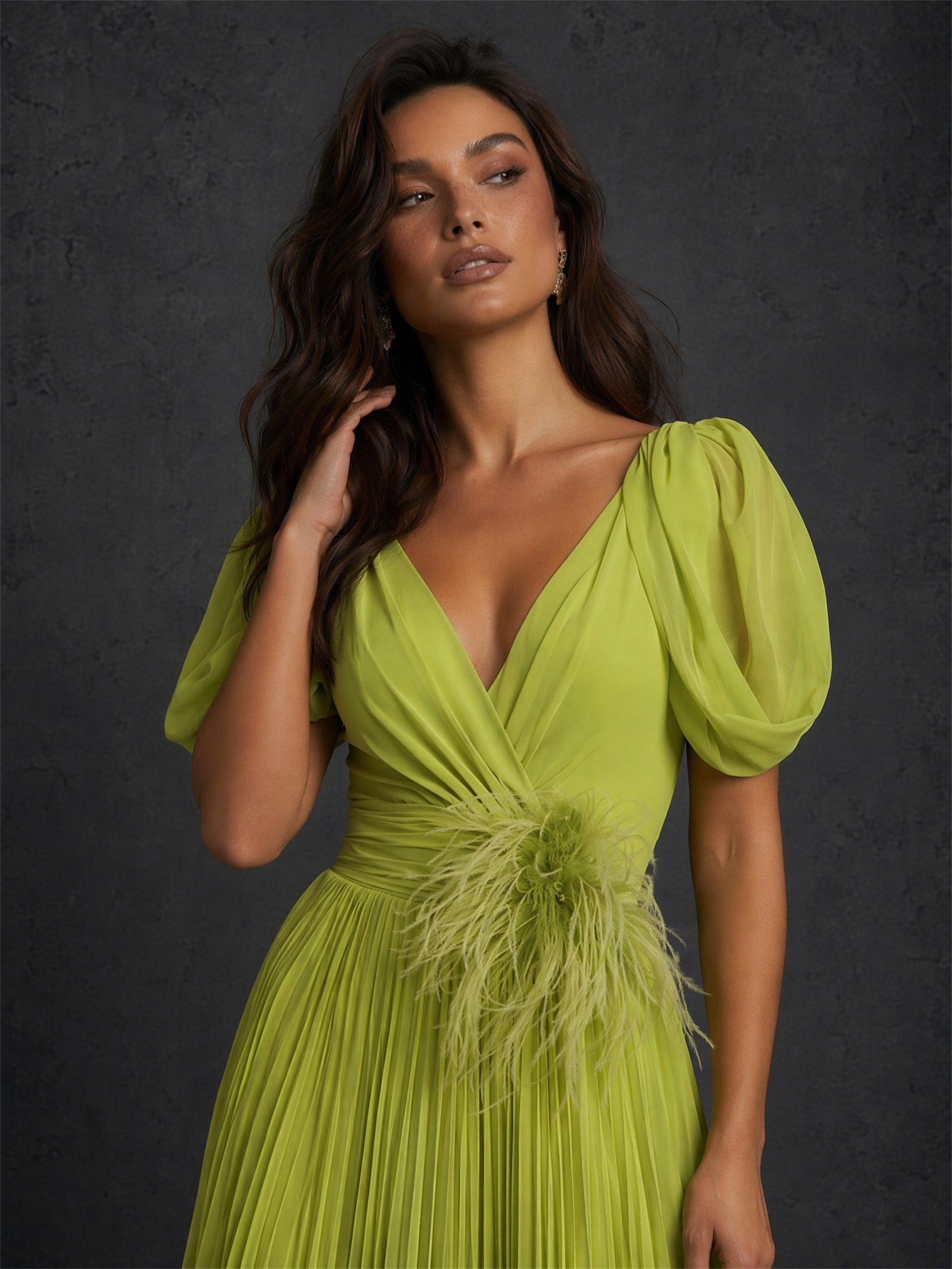 BOLODOO chartreuse green puff sleeve feather waist pleated maxi dress - close up detail view