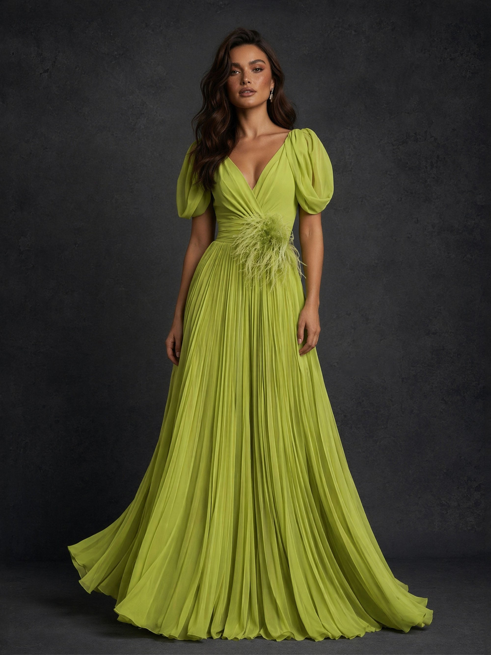 BOLODOO chartreuse green puff sleeve feather waist pleated maxi dress - full front view