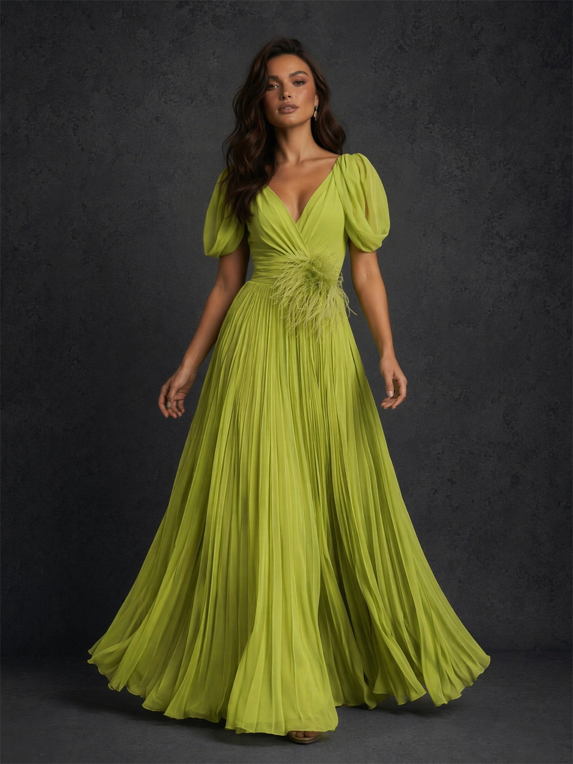 BOLODOO chartreuse green puff sleeve feather waist pleated maxi dress - back view showing open V-back