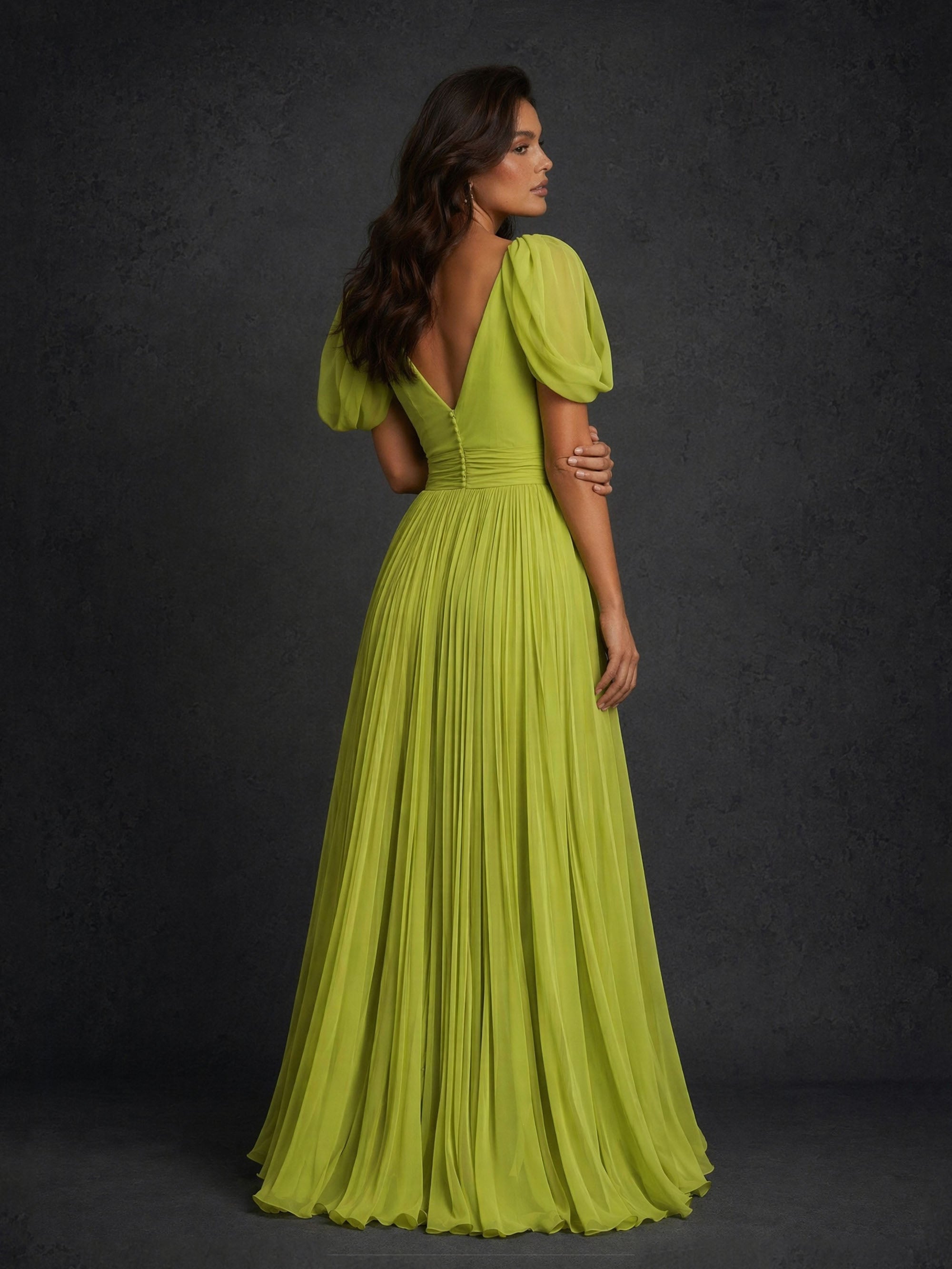 BOLODOO chartreuse green puff sleeve feather waist pleated maxi dress - side movement view