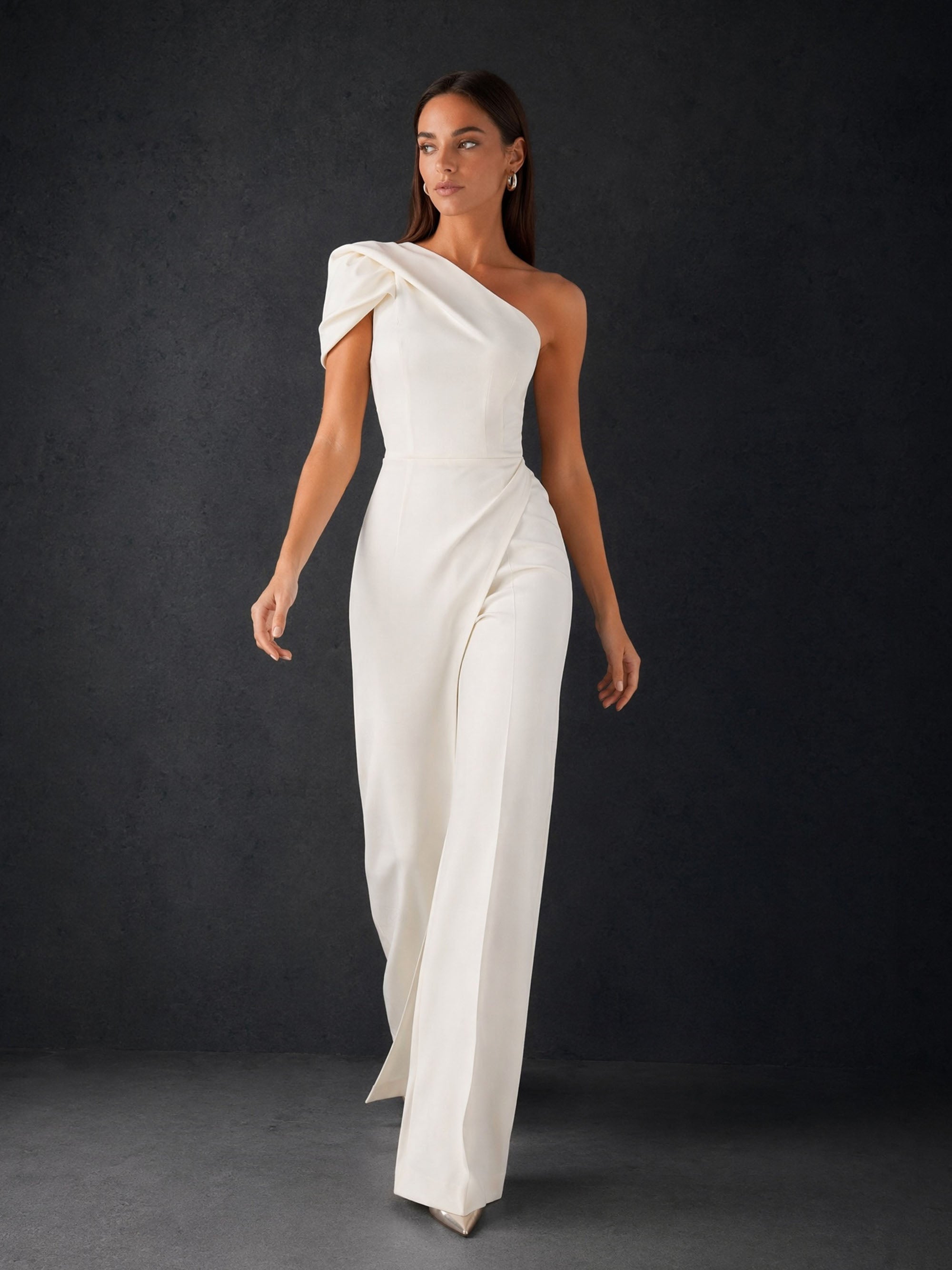 BOLODOO ivory one-shoulder puff sleeve wide-leg jumpsuit - side front view showing slit detail