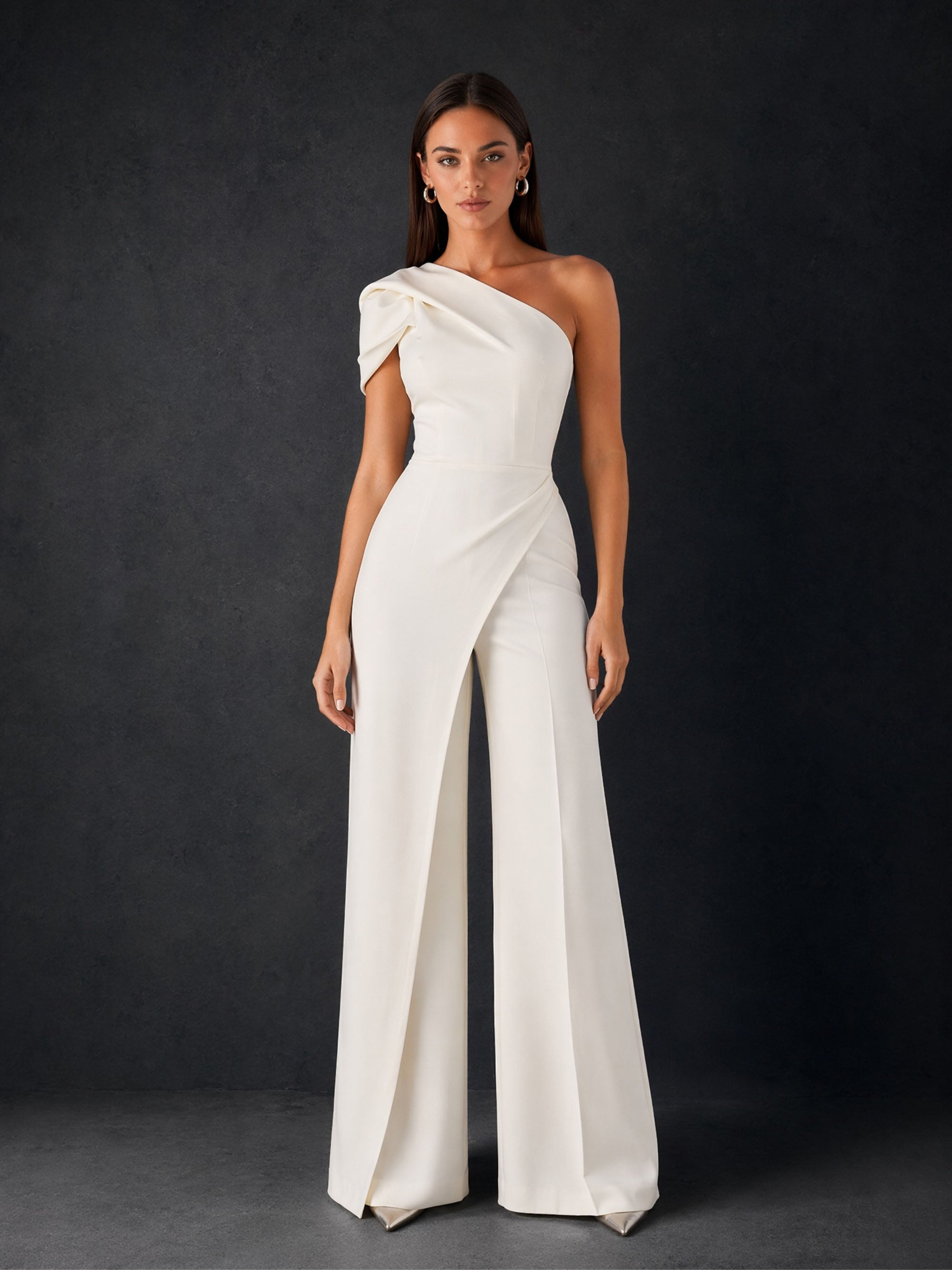BOLODOO ivory one-shoulder puff sleeve wide-leg jumpsuit - full front view