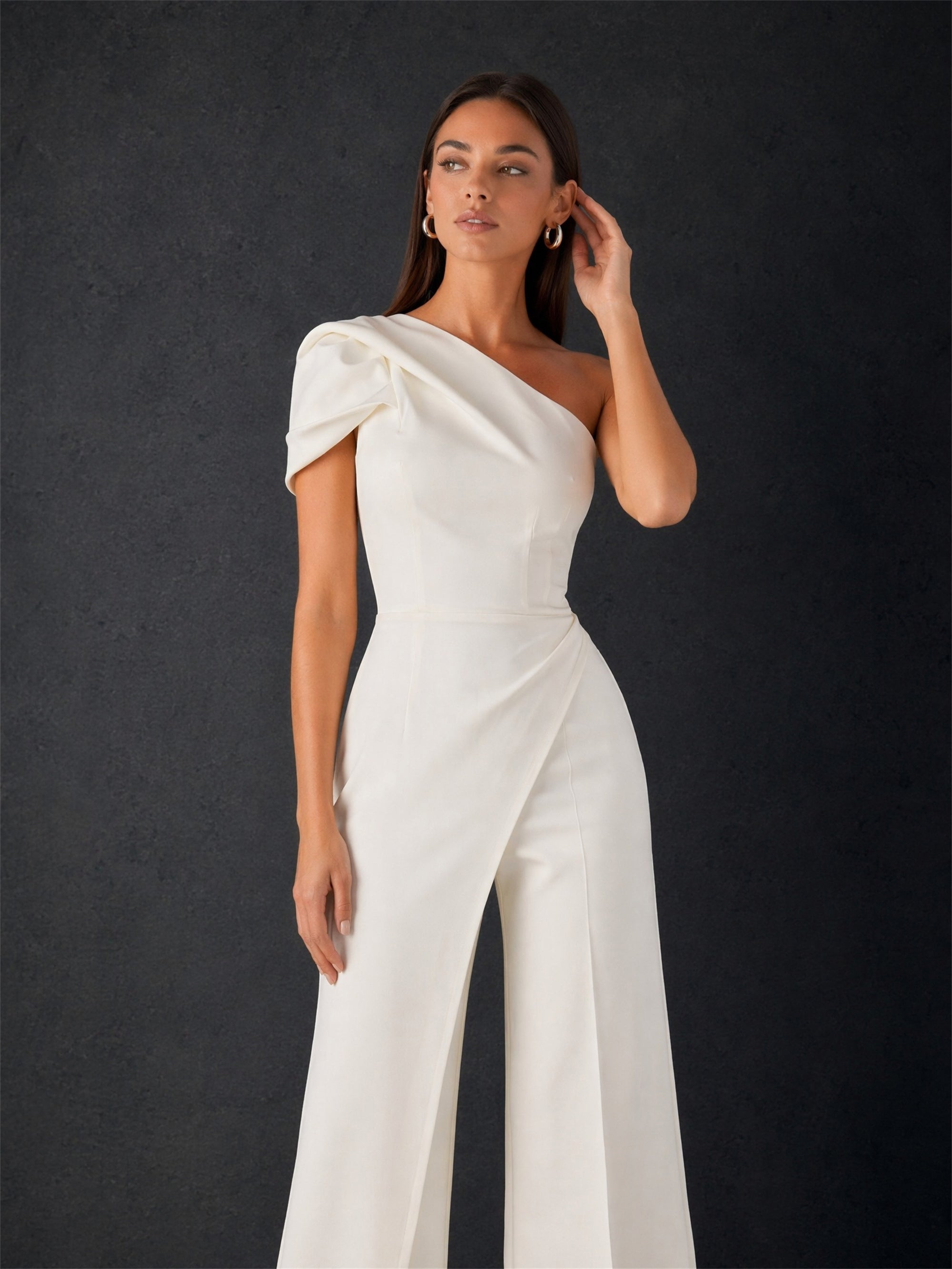 BOLODOO ivory one-shoulder puff sleeve wide-leg jumpsuit - back view showing open V-back