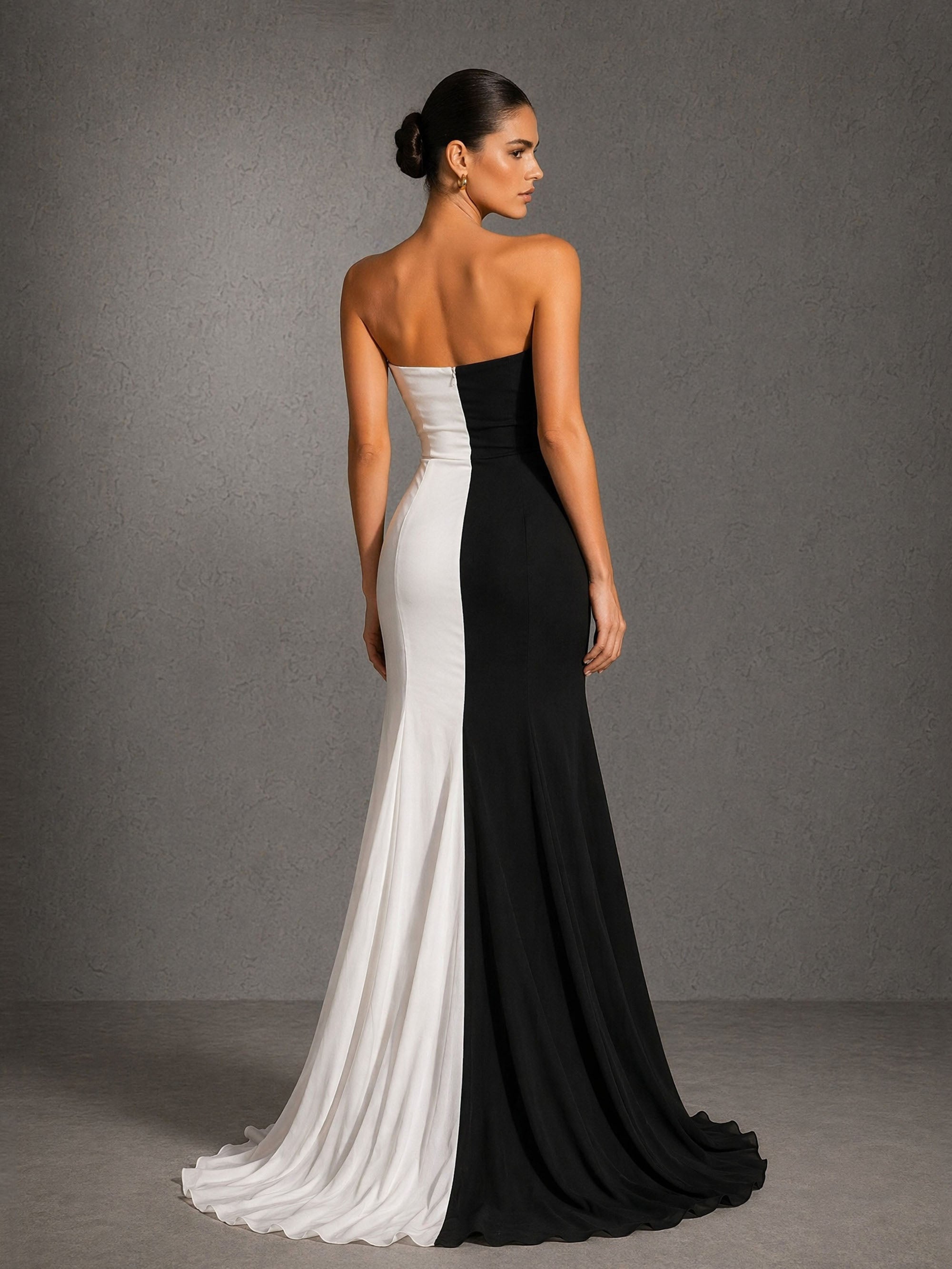 BOLODOO black and white color block strapless mermaid evening gown - full front view showing high slit