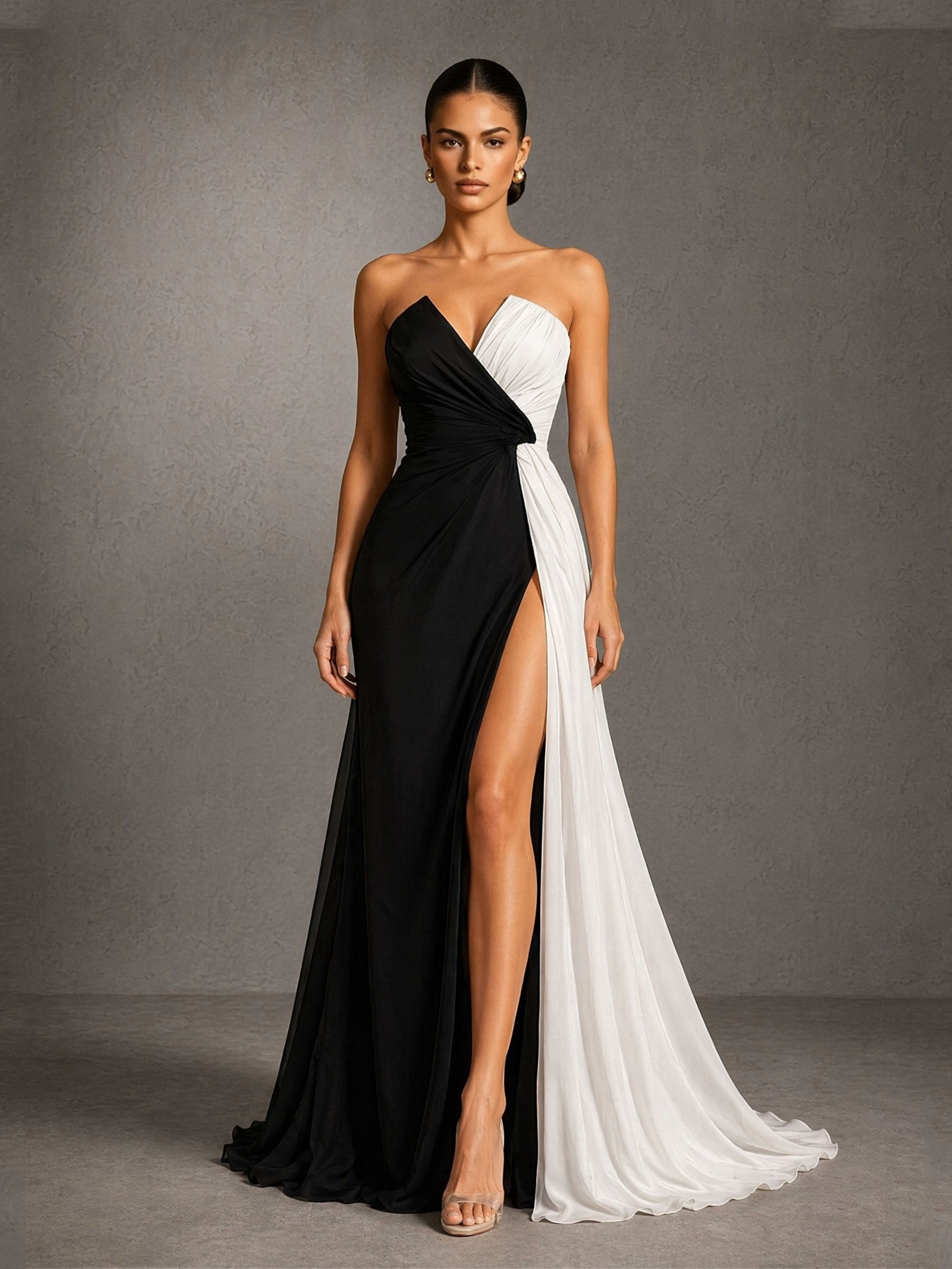 BOLODOO black and white color block strapless mermaid evening gown - back view showing open back and train