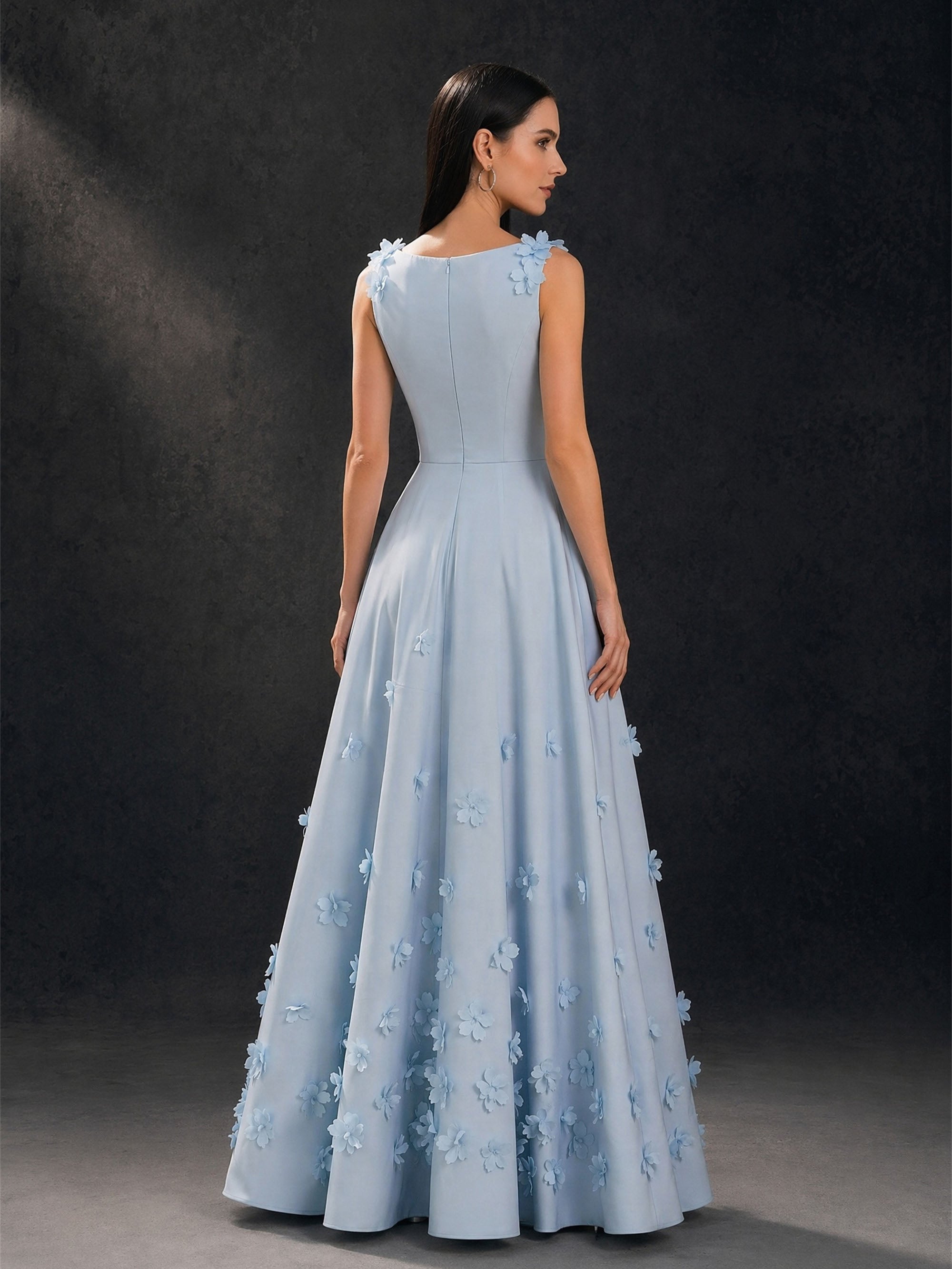 BOLODOO dusty blue 3D floral appliqué deep V-neck A-line maxi evening gown - full front view