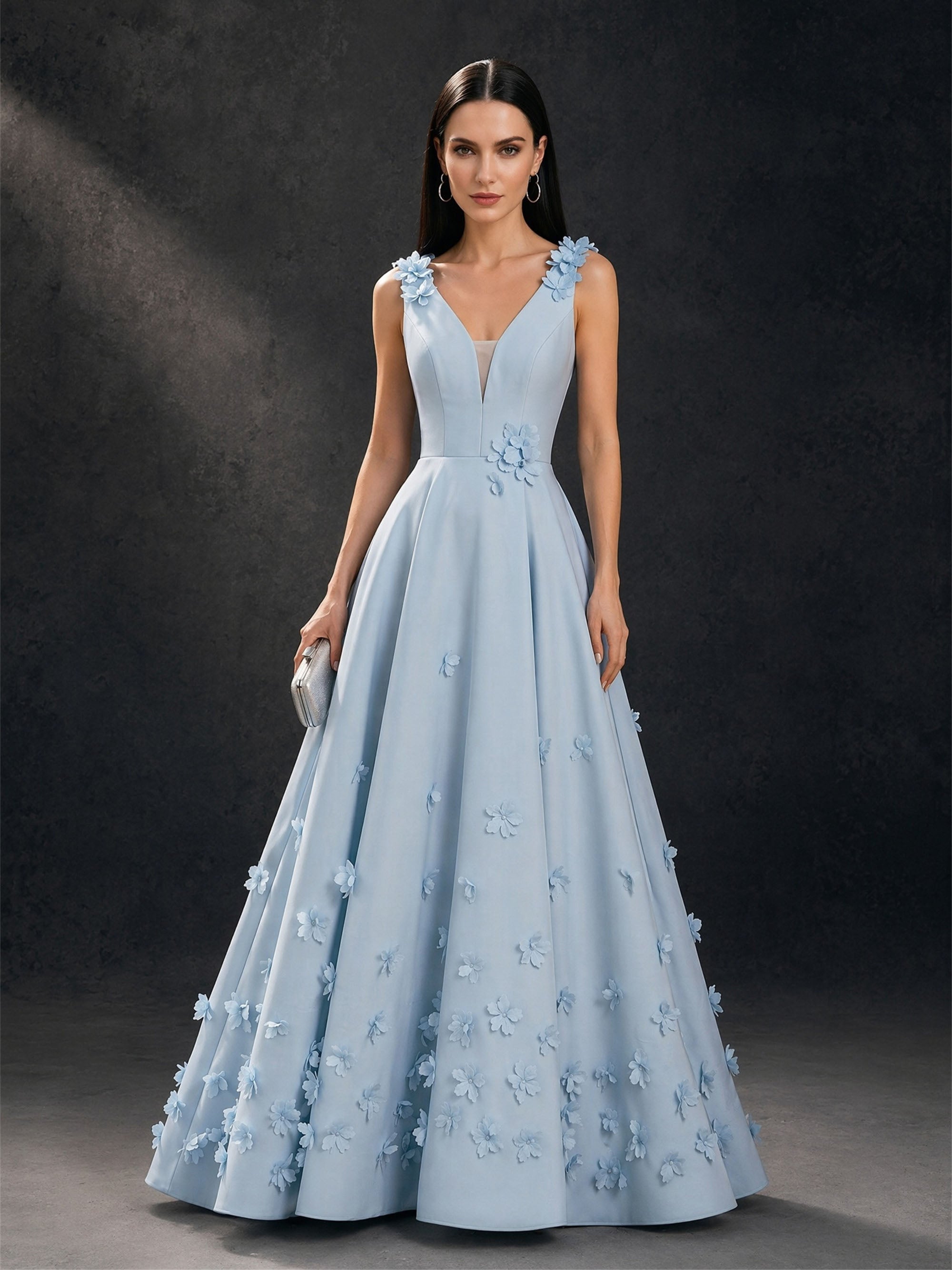 BOLODOO dusty blue 3D floral appliqué A-line evening gown - back view showing low open back