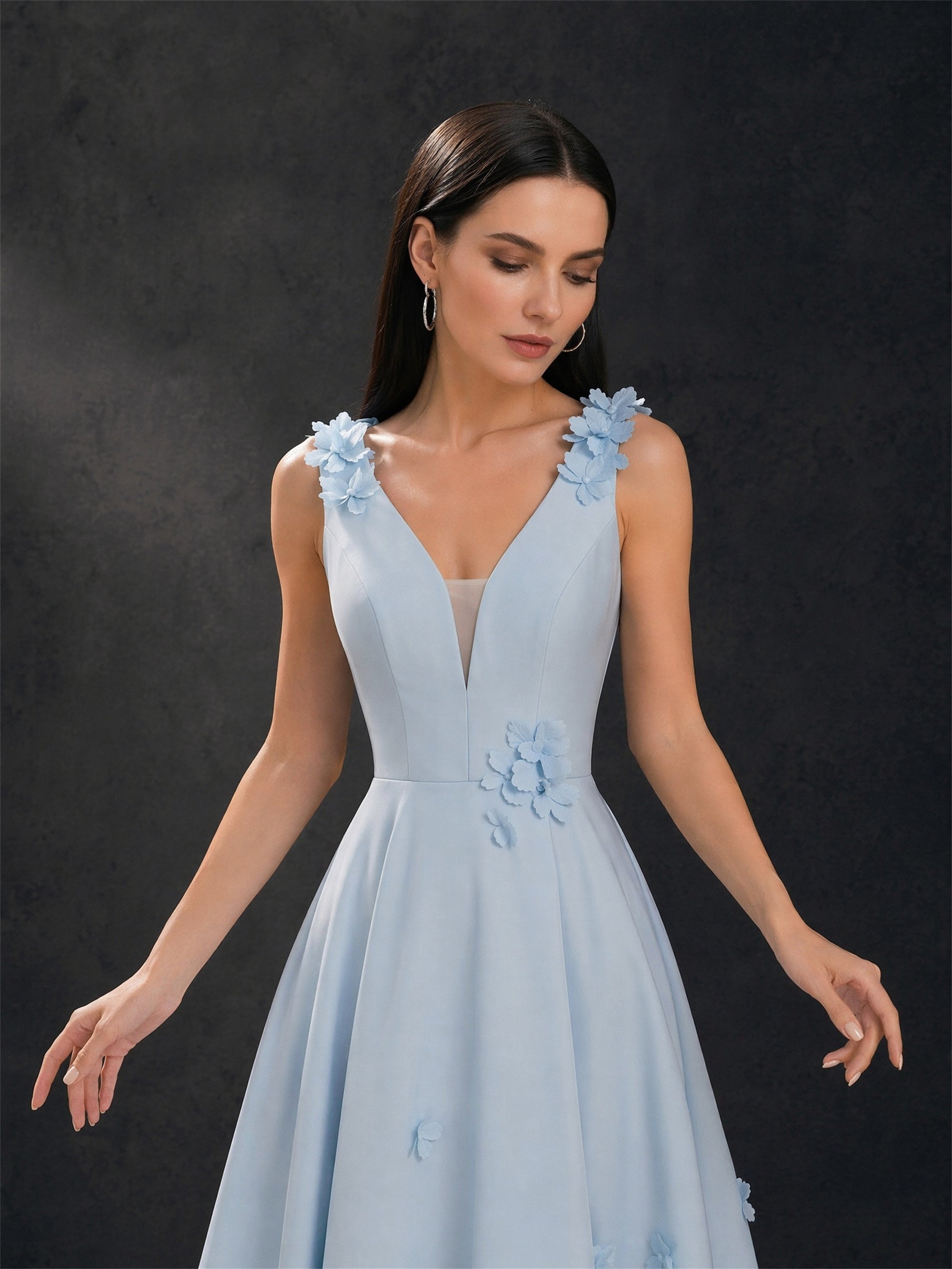BOLODOO dusty blue 3D floral appliqué A-line evening gown - side full-length view