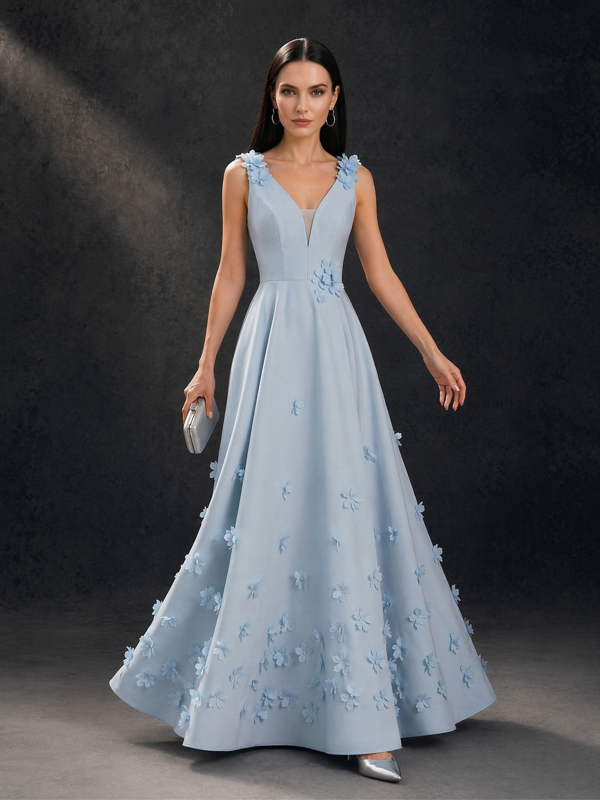 BOLODOO dusty blue 3D floral appliqué evening gown - close up bodice and floral detail