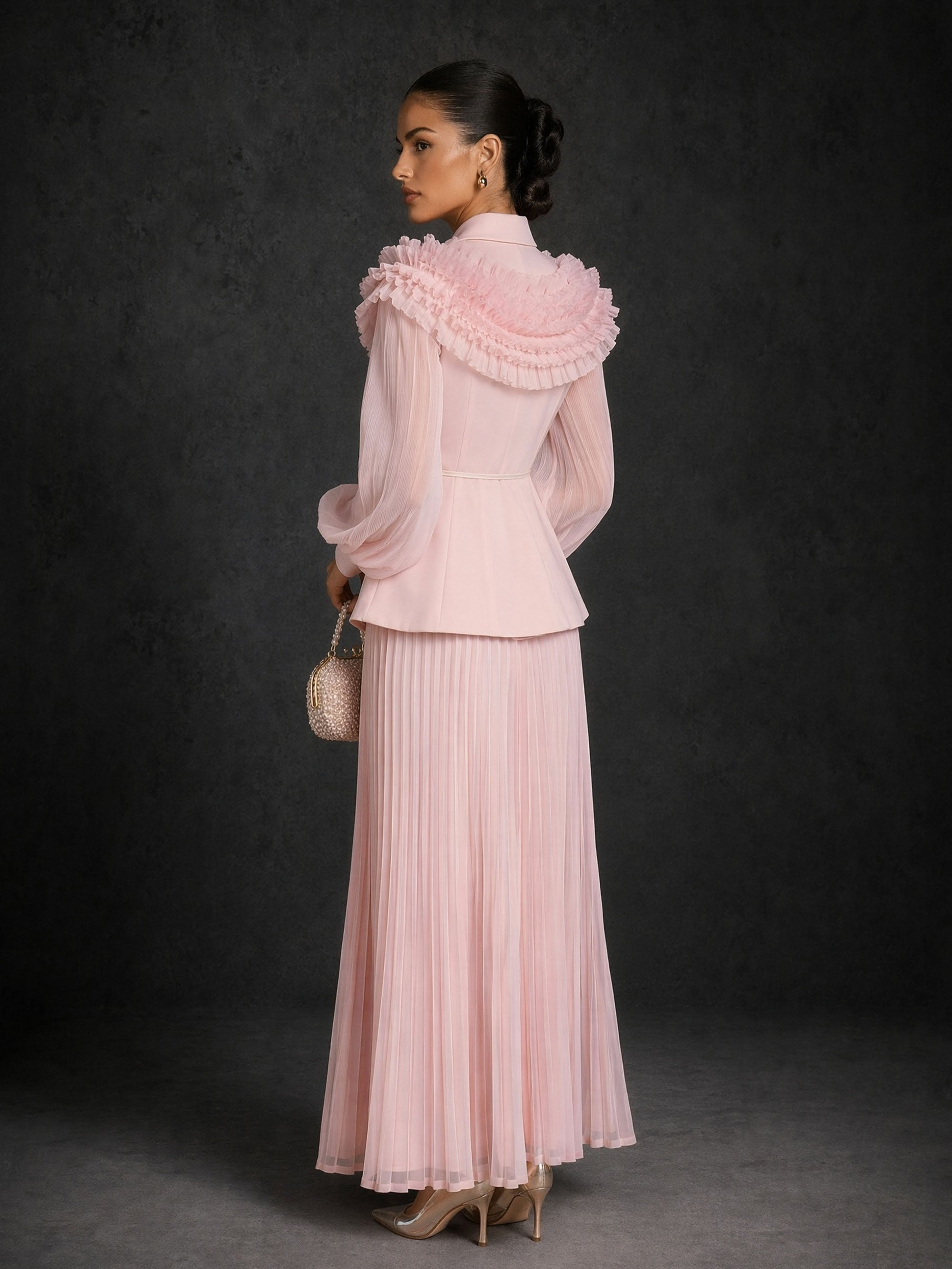 BOLODOO blush pink ruffle collar blazer and pleated chiffon maxi skirt two-piece set - front view looking down