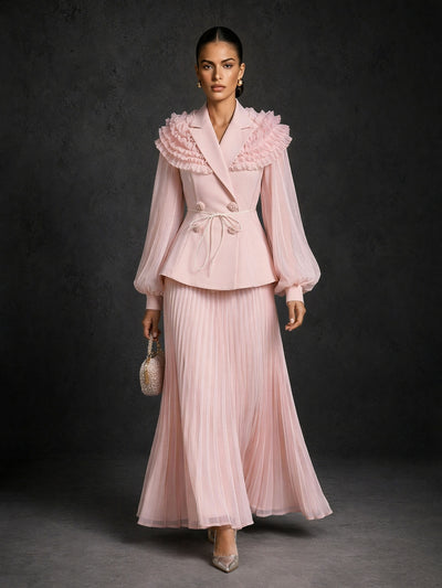 BOLODOO blush pink ruffle collar blazer and pleated chiffon maxi skirt two-piece set - back view