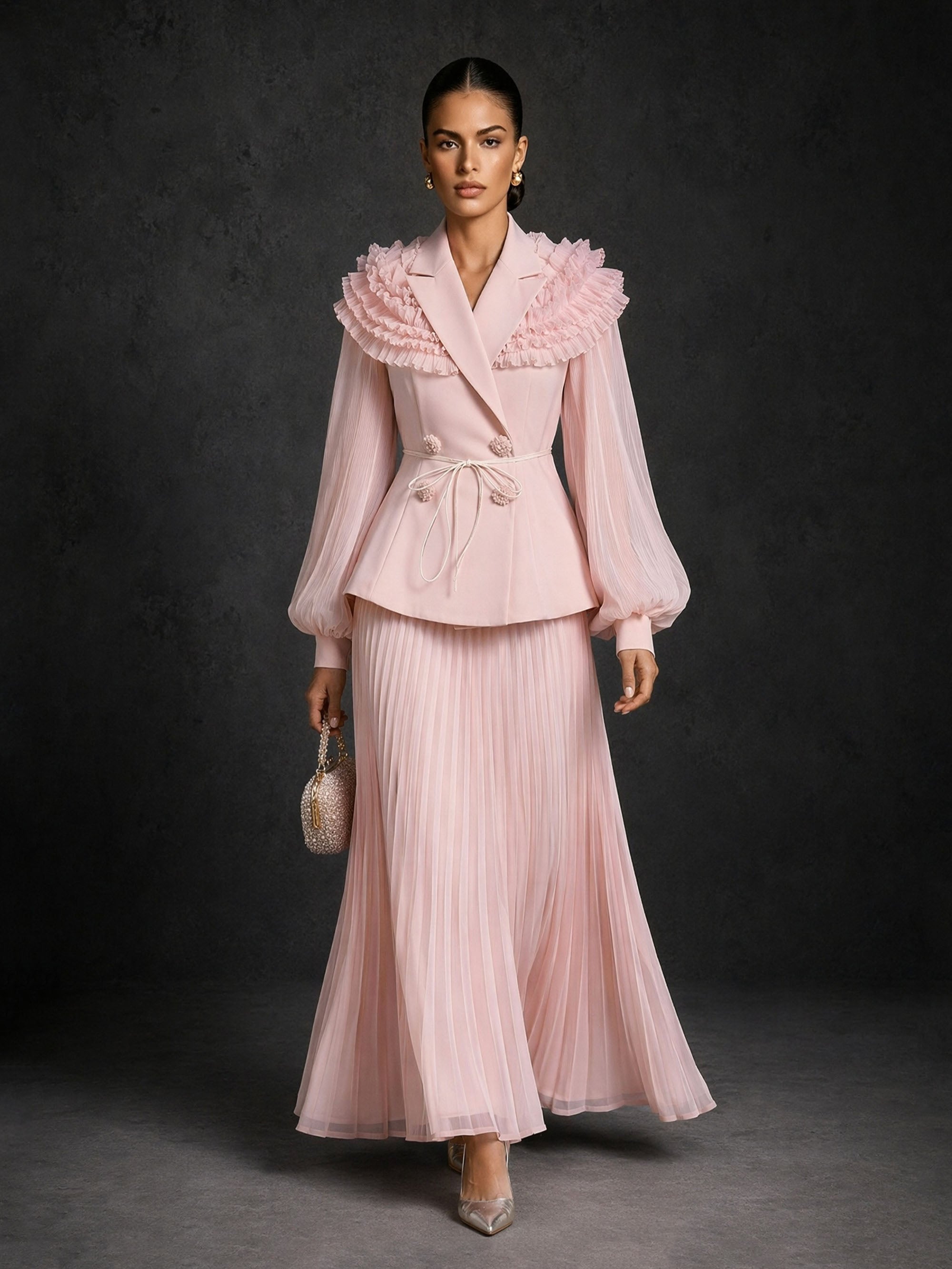 BOLODOO blush pink ruffle collar blazer and pleated chiffon maxi skirt two-piece set - back view
