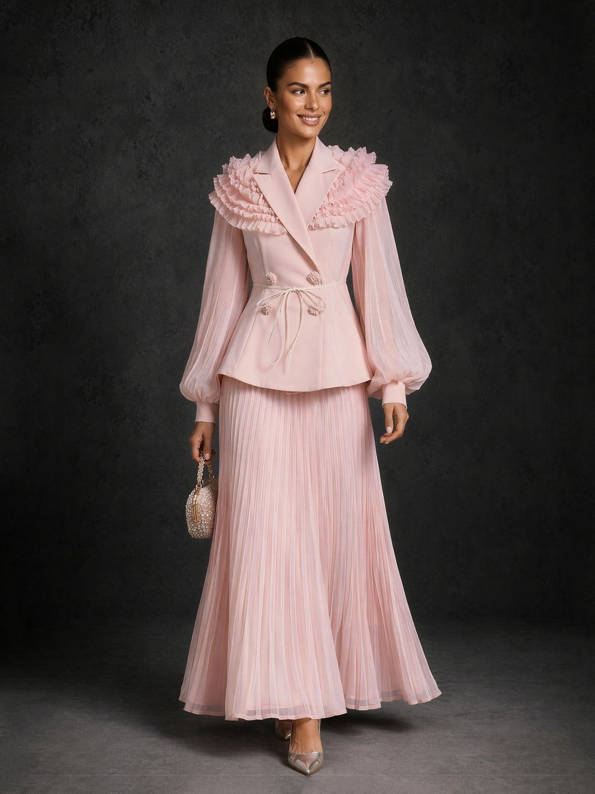 BOLODOO blush pink ruffle collar blazer and pleated chiffon maxi skirt two-piece set - front full-length view