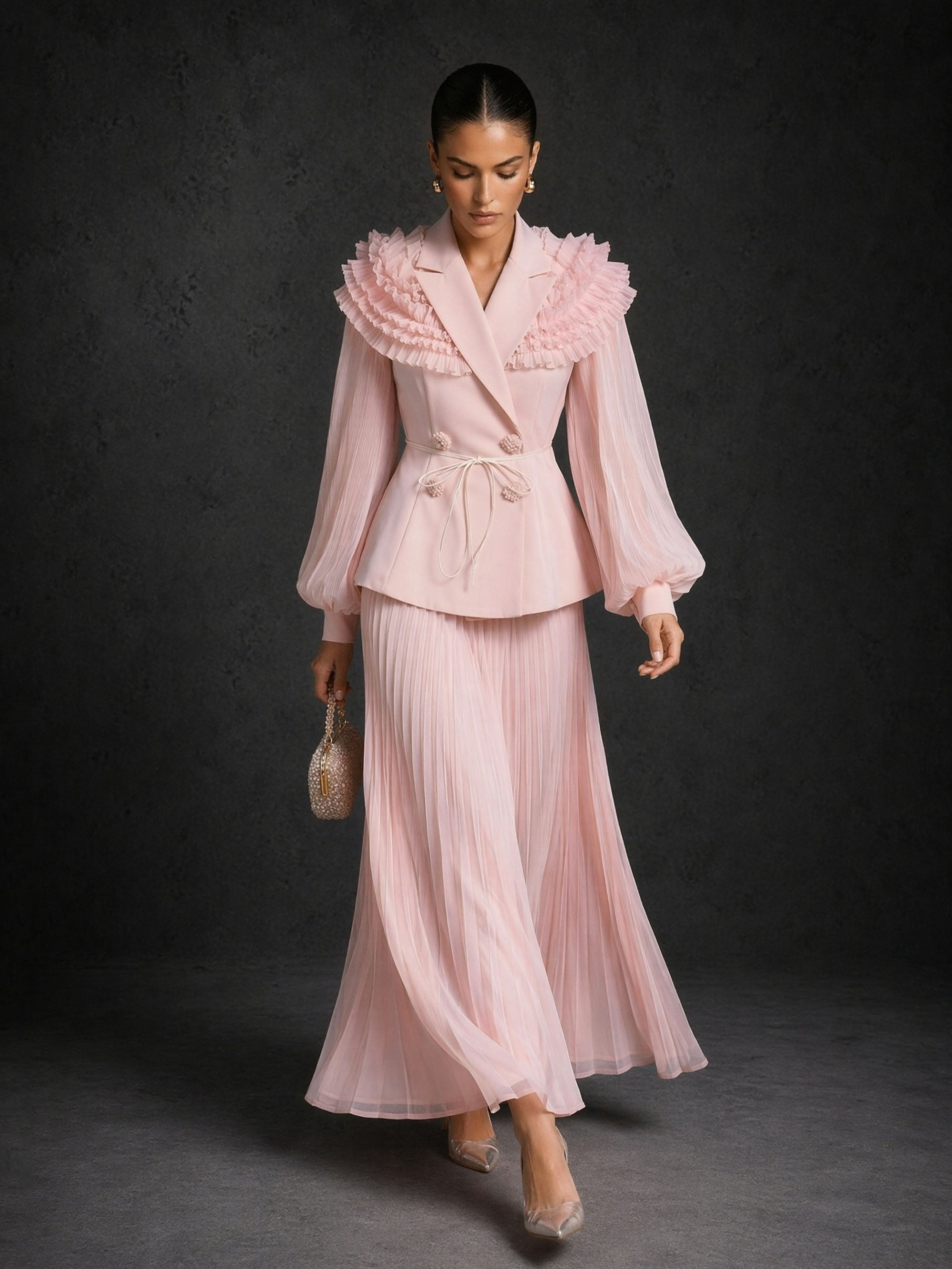 BOLODOO blush pink ruffle collar blazer and pleated chiffon maxi skirt two-piece set - front view smiling