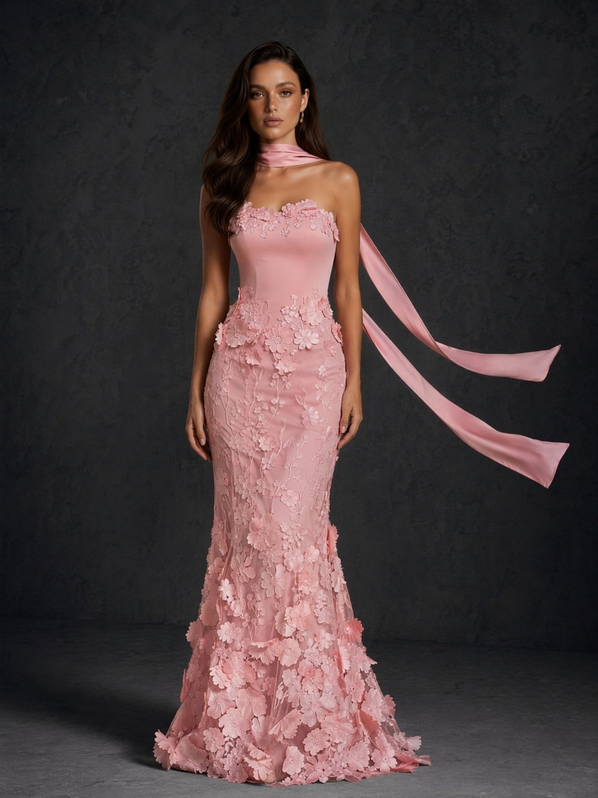 BOLODOO rose pink 3D floral appliqué strapless mermaid gown - upper body close-up showing floral detail and neck scarf