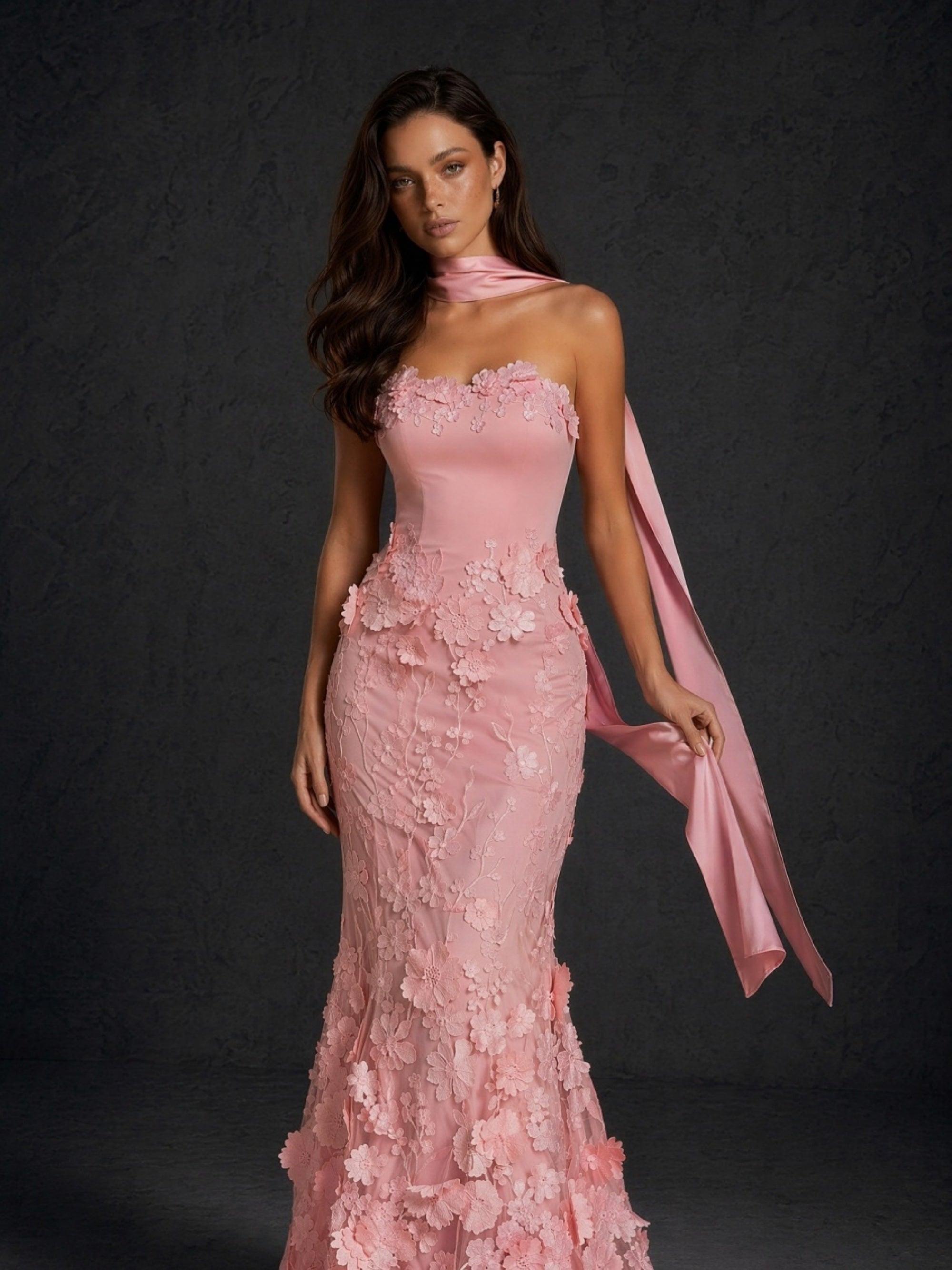 BOLODOO rose pink 3D floral appliqué strapless mermaid evening gown - full front view with neck scarf