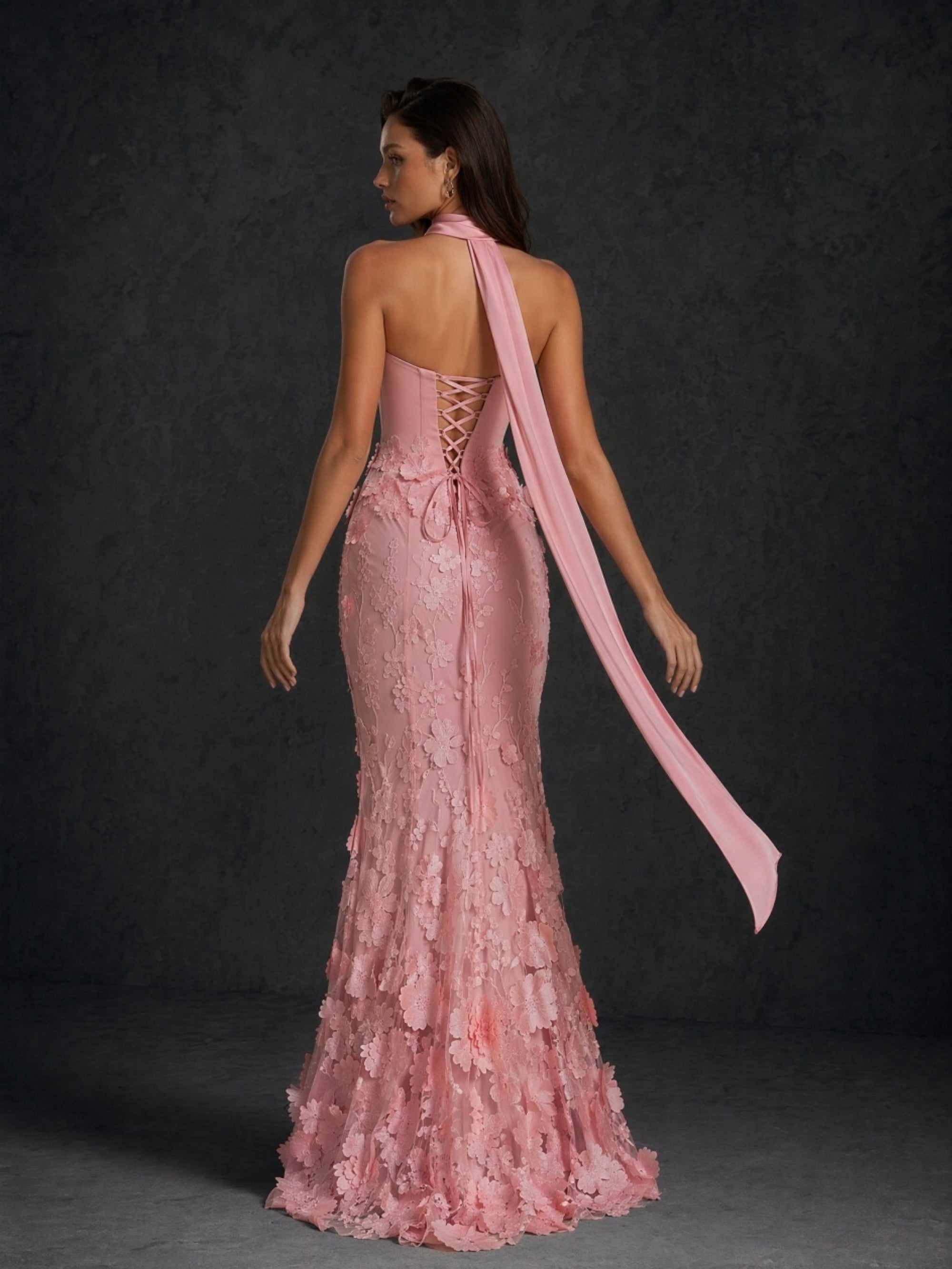 BOLODOO rose pink 3D floral appliqué strapless mermaid evening gown - three-quarter side view