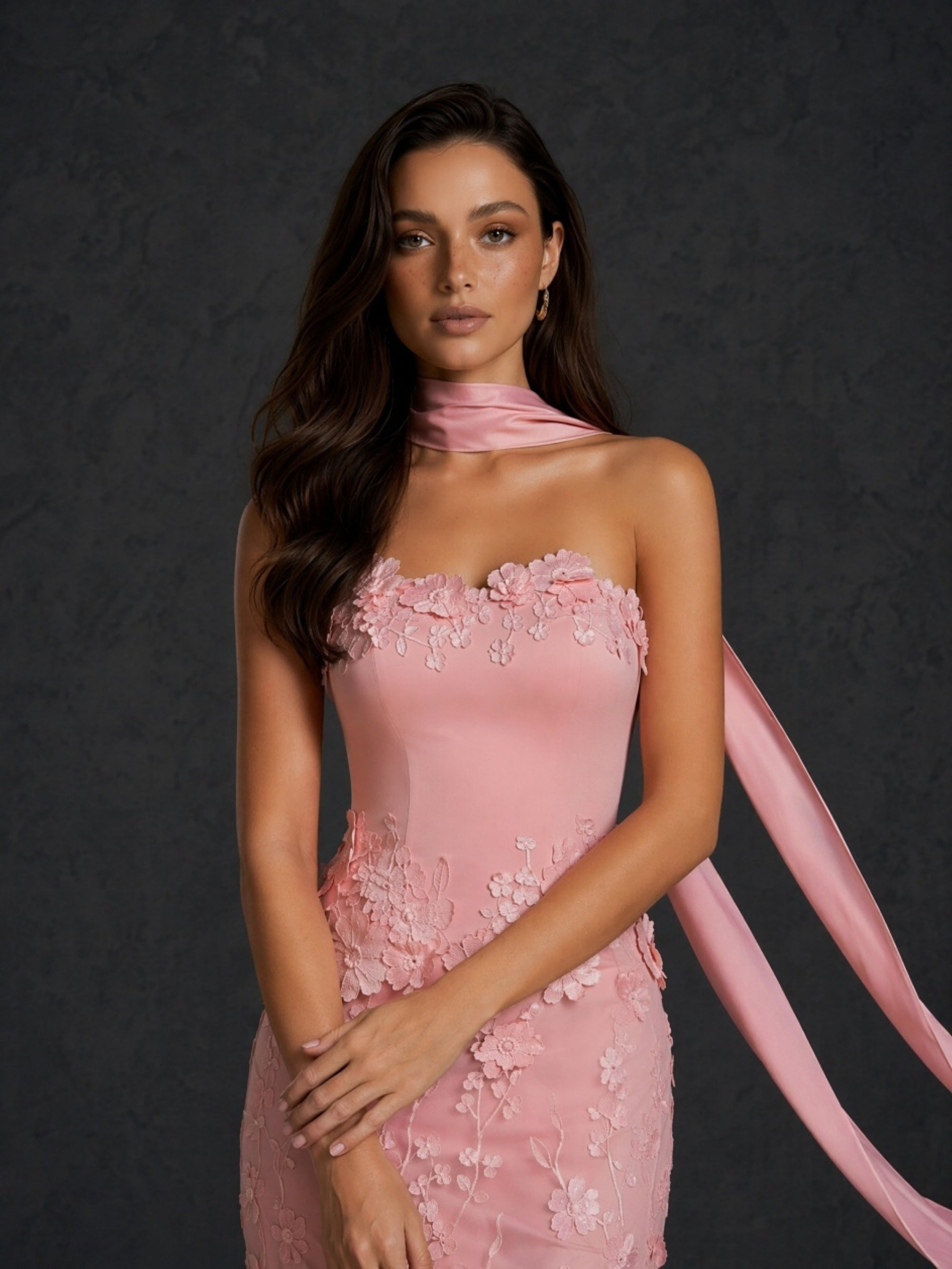 BOLODOO rose pink 3D floral appliqué strapless mermaid evening gown - back view showing lace-up open back
