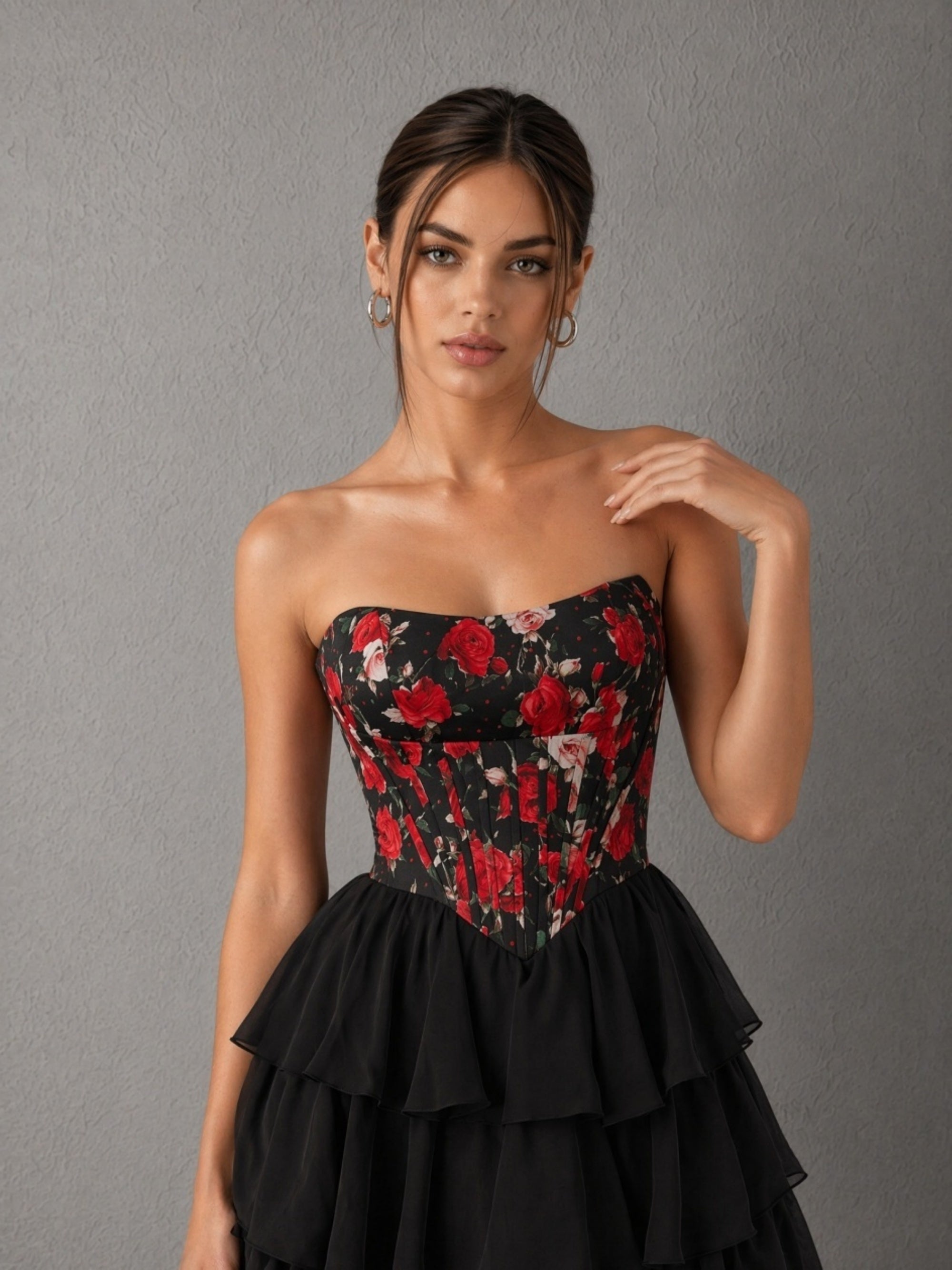 BOLODOO black red floral strapless corset tiered ruffle chiffon mini dress - full front view