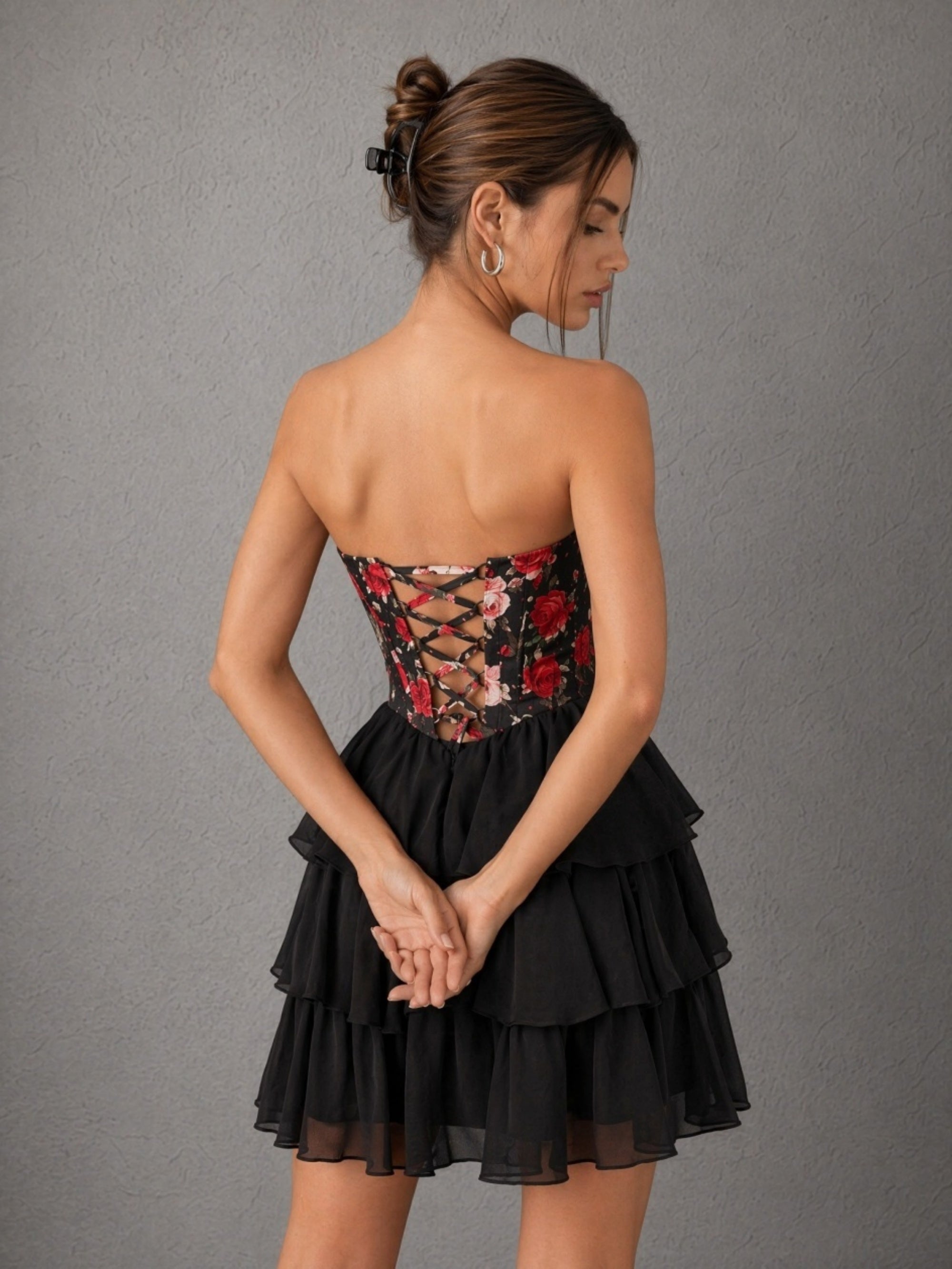 BOLODOO black red floral strapless corset tiered ruffle mini dress - back view showing lace-up open back