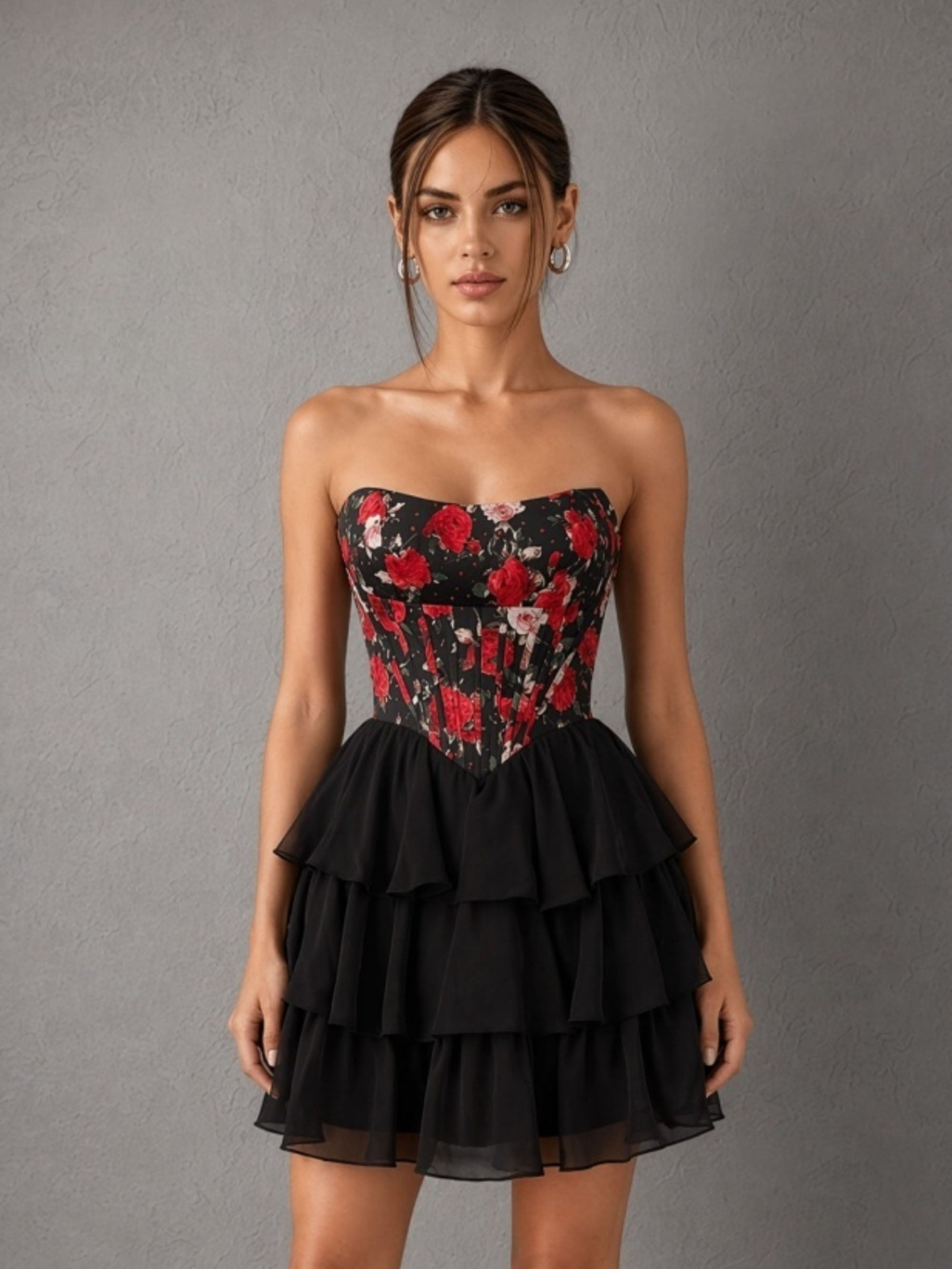 BOLODOO black red floral strapless corset tiered ruffle mini dress - front view dynamic pose