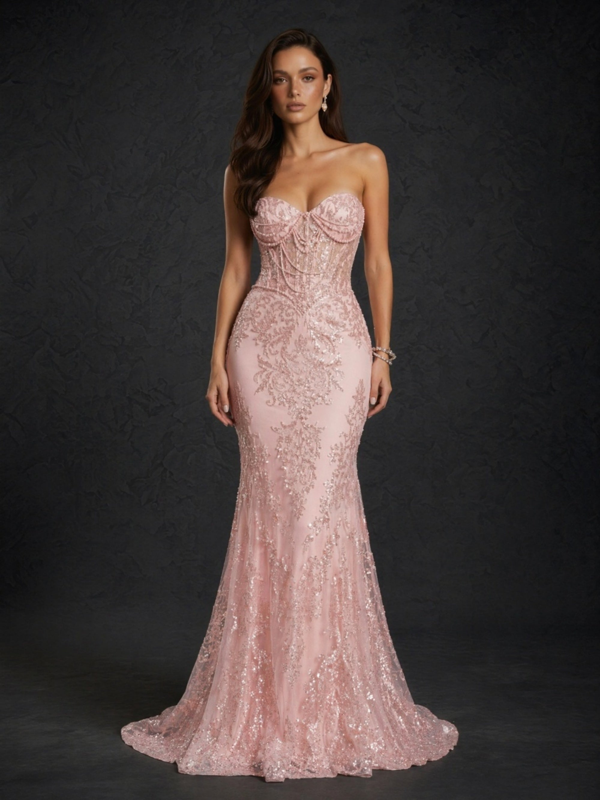 BOLODOO blush pink sequin strapless boned corset mermaid evening gown - front three-quarter view