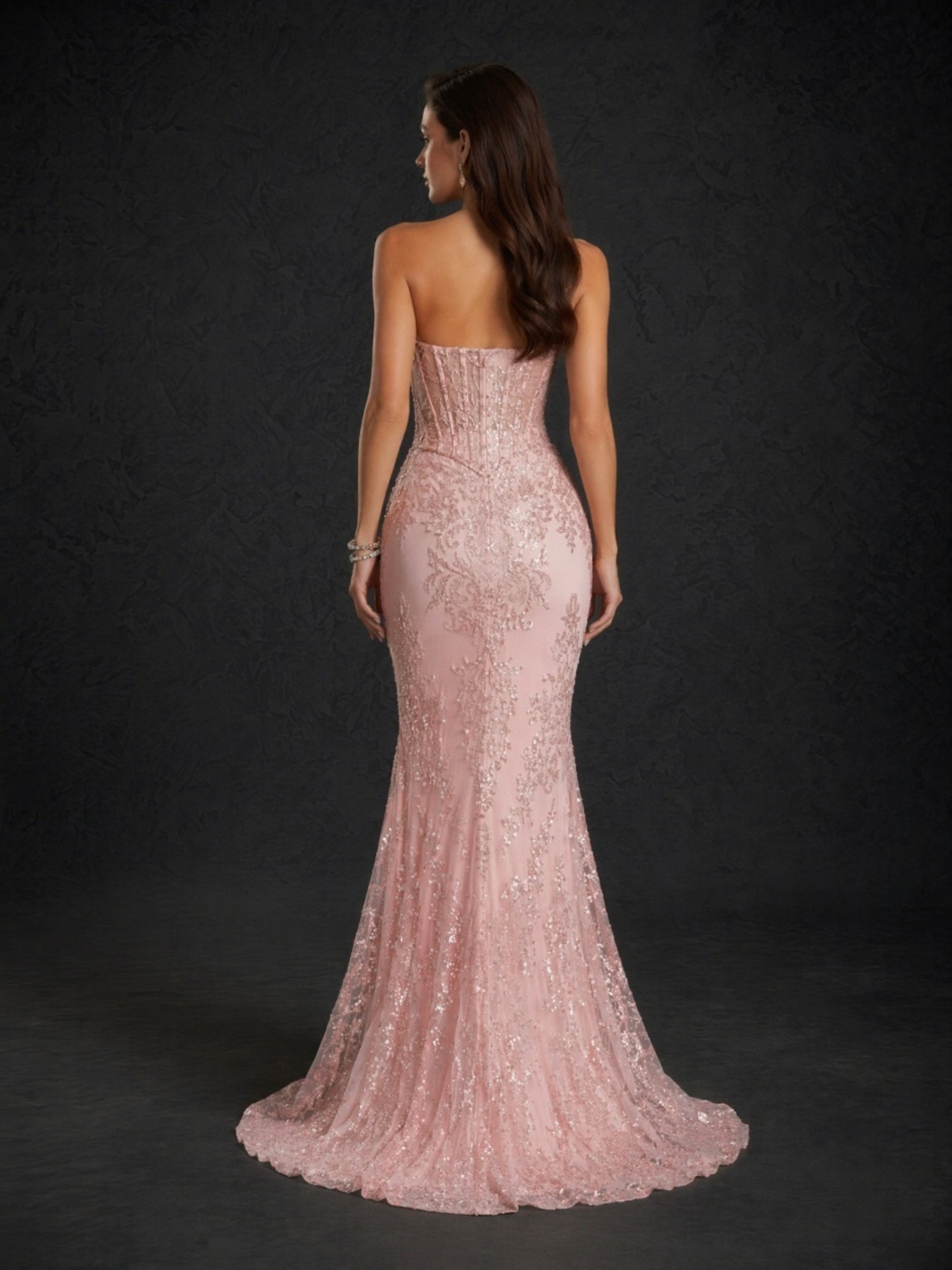 BOLODOO blush pink sequin strapless boned corset mermaid evening gown - back view showing low open back and train