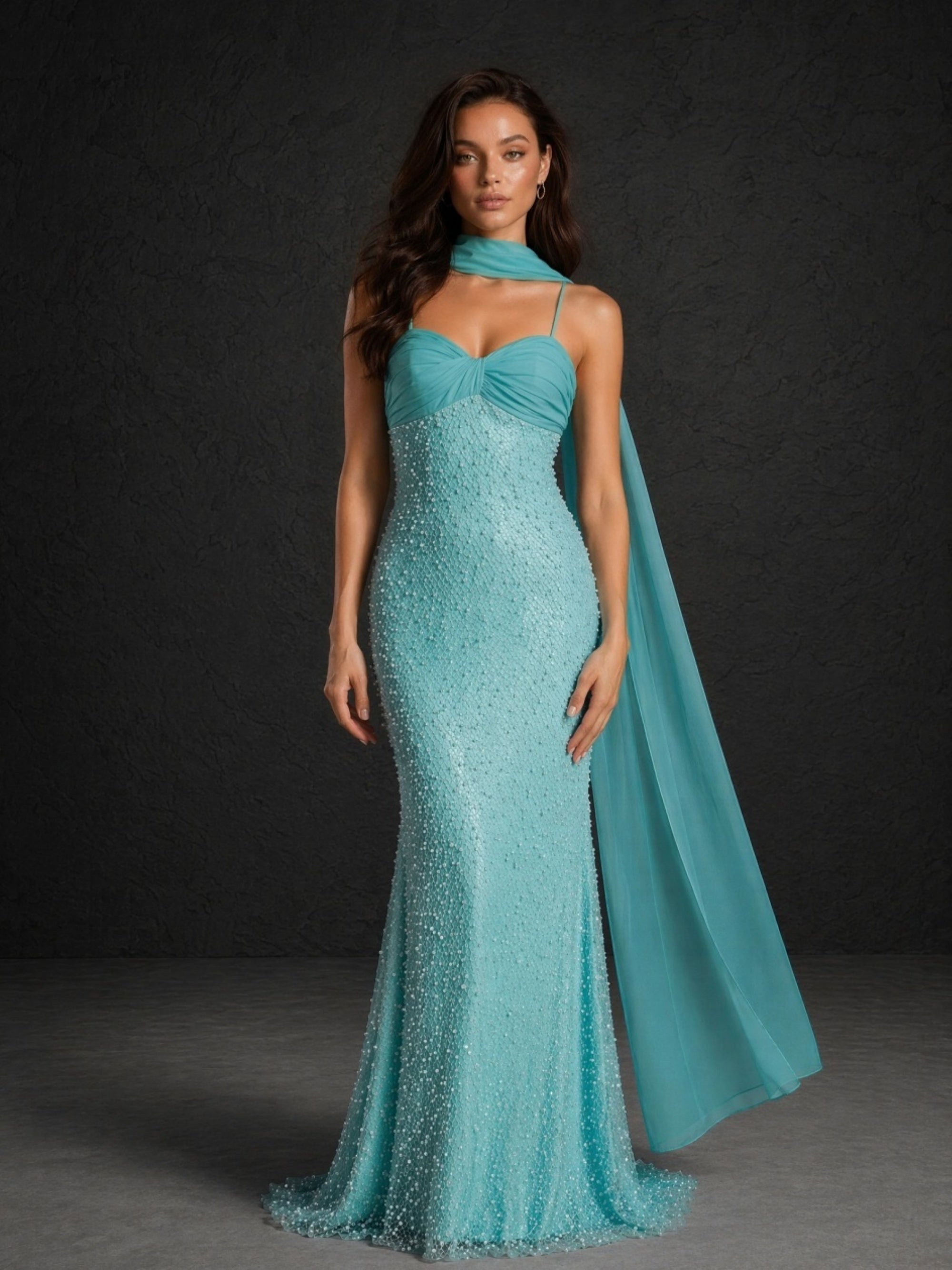 BOLODOO teal beaded sequin spaghetti strap mermaid evening gown with neck scarf - front view looking down dynamic pose