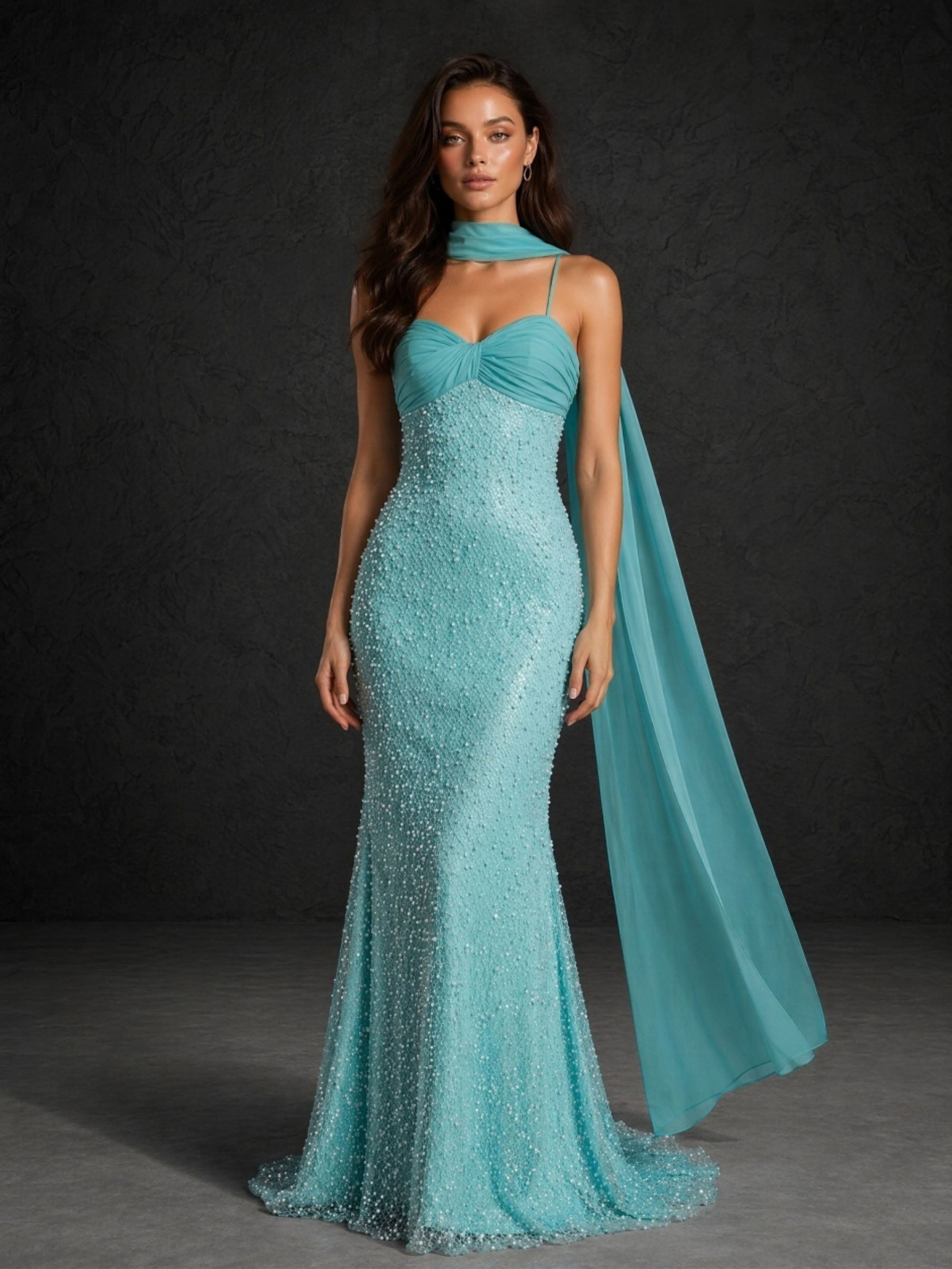 BOLODOO teal beaded sequin spaghetti strap mermaid evening gown with neck scarf - full front view
