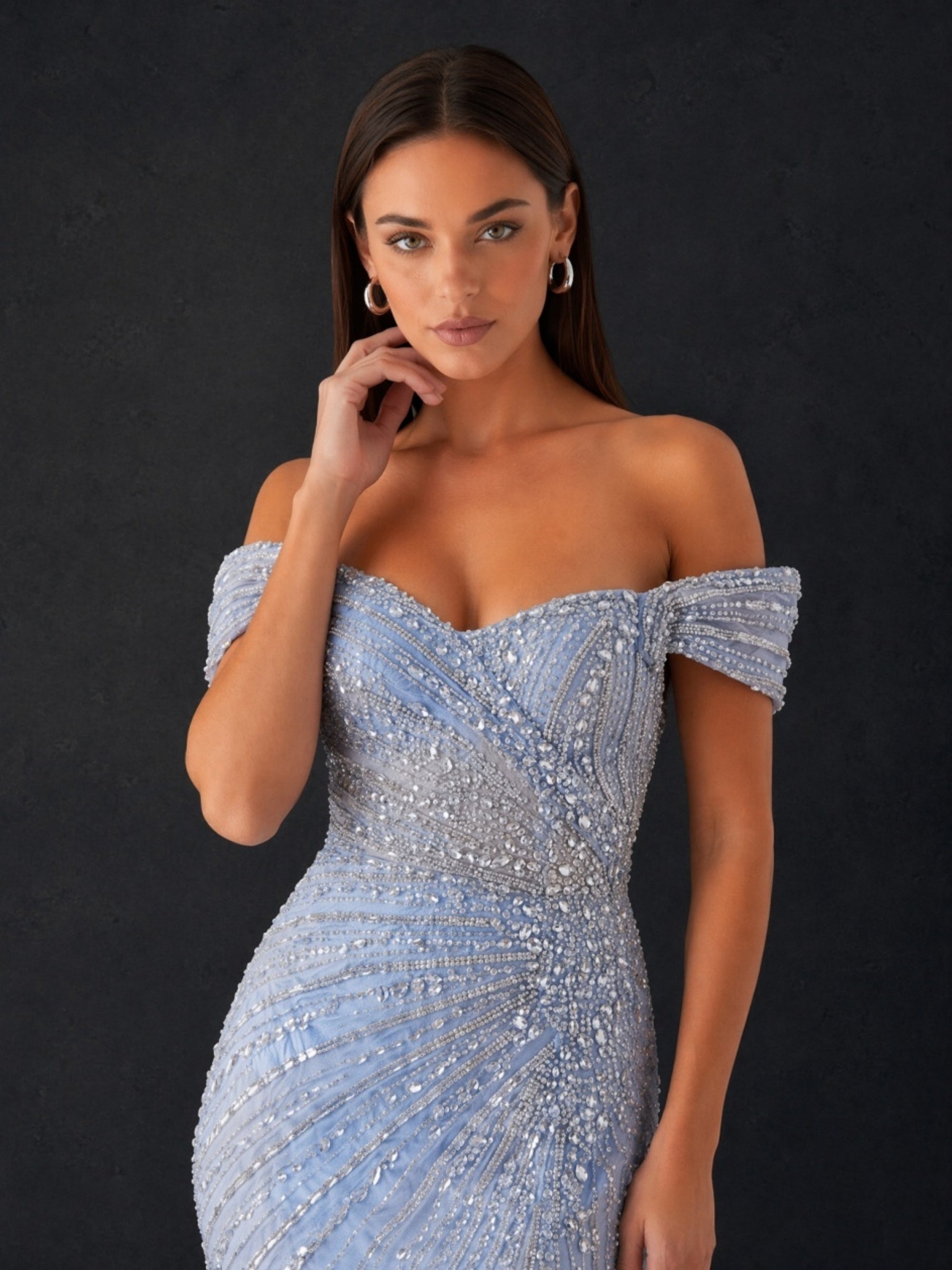 BOLODOO periwinkle blue beaded sequin off-shoulder mermaid evening gown - upper body close-up showing sunburst beading detail