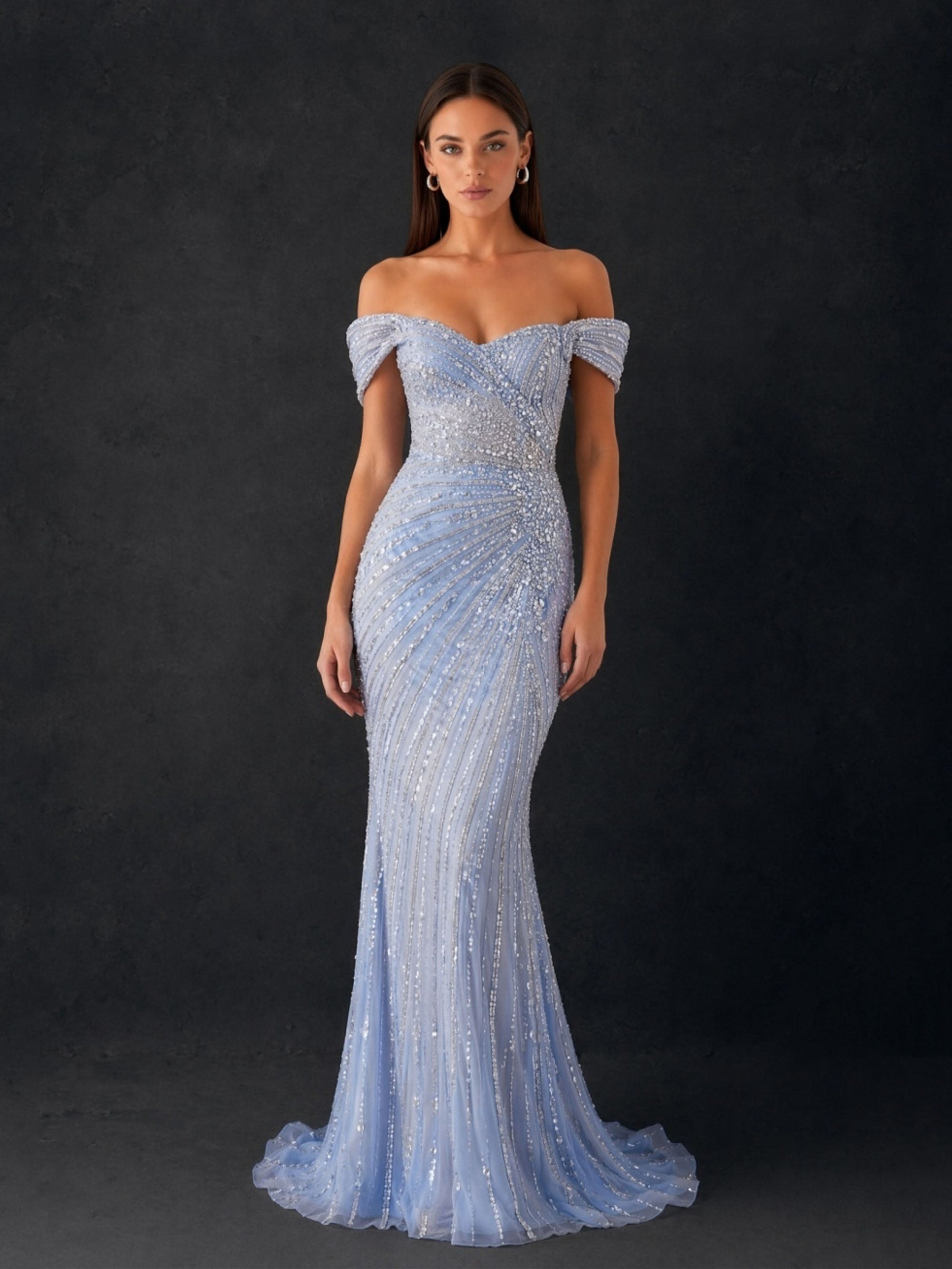 BOLODOO periwinkle blue beaded sequin off-shoulder sweetheart mermaid evening gown - full front view
