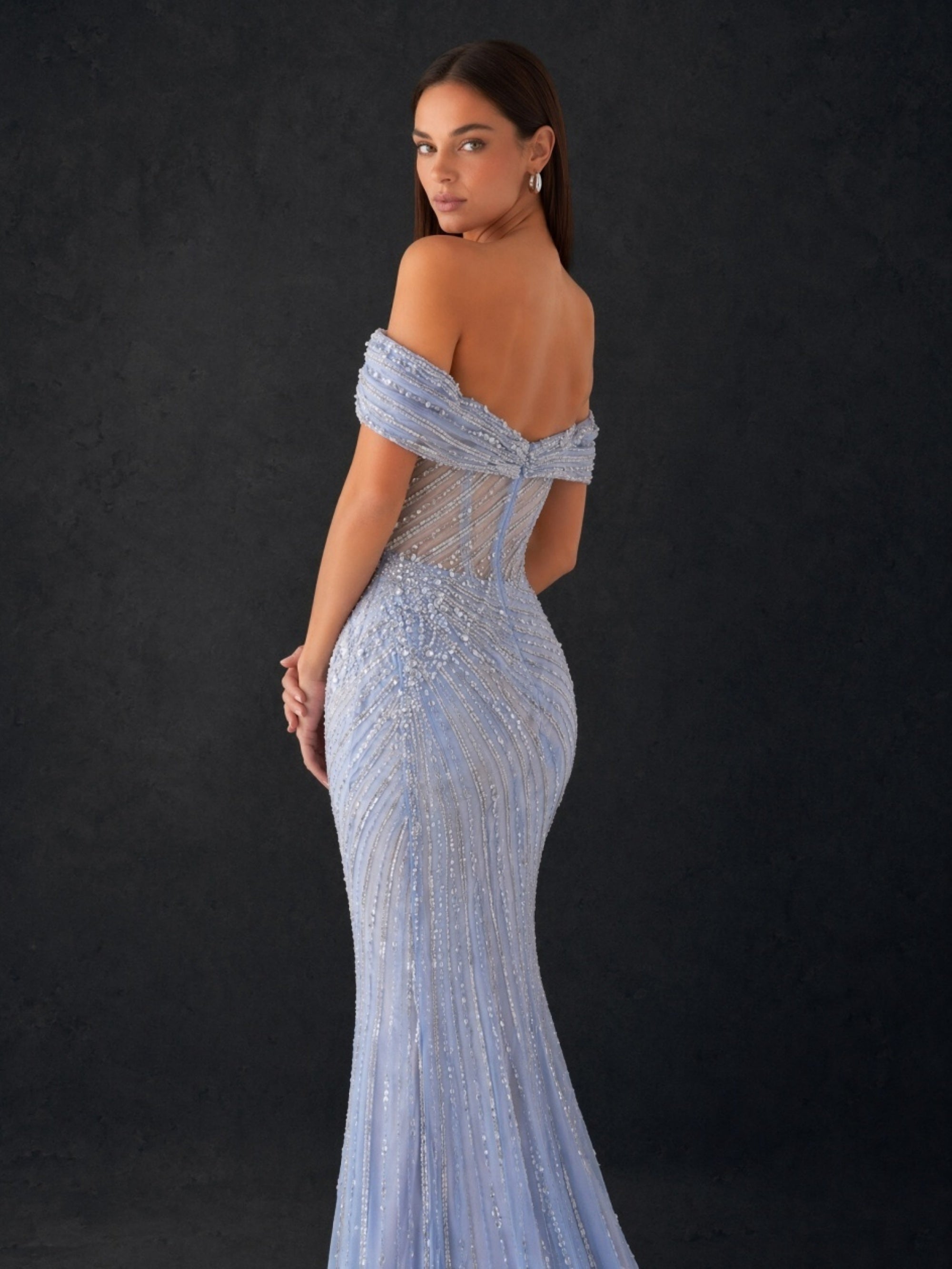 BOLODOO periwinkle blue beaded sequin off-shoulder mermaid evening gown - back view showing open back and train