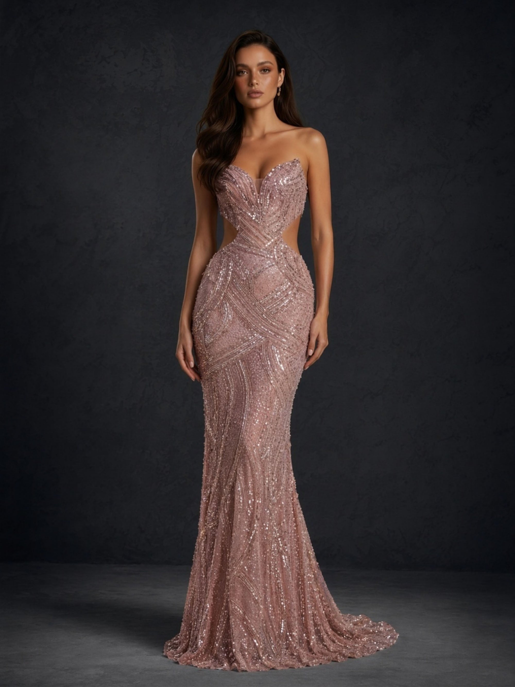 BOLODOO rose gold geometric sequin strapless mermaid evening gown - side view showing sheer cutout panel and train