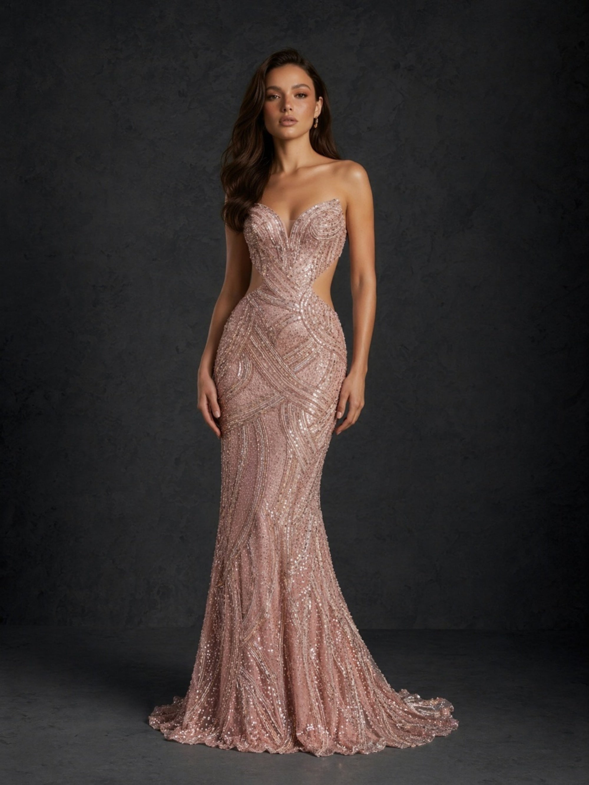 BOLODOO rose gold geometric sequin strapless mermaid evening gown - back view showing open back and sweeping train