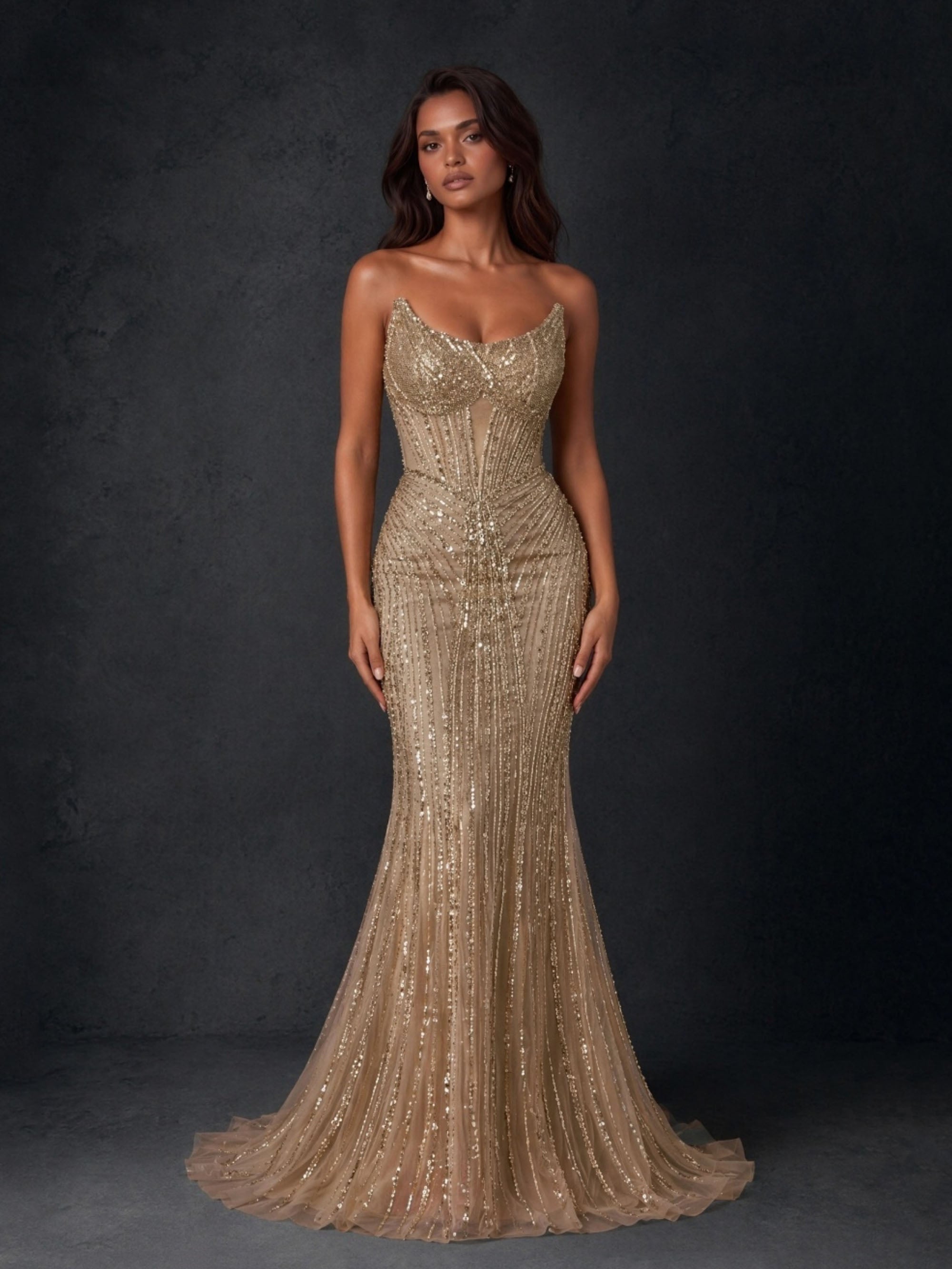 BOLODOO gold vertical stripe sequin strapless boned corset mermaid evening gown - front view strapless style