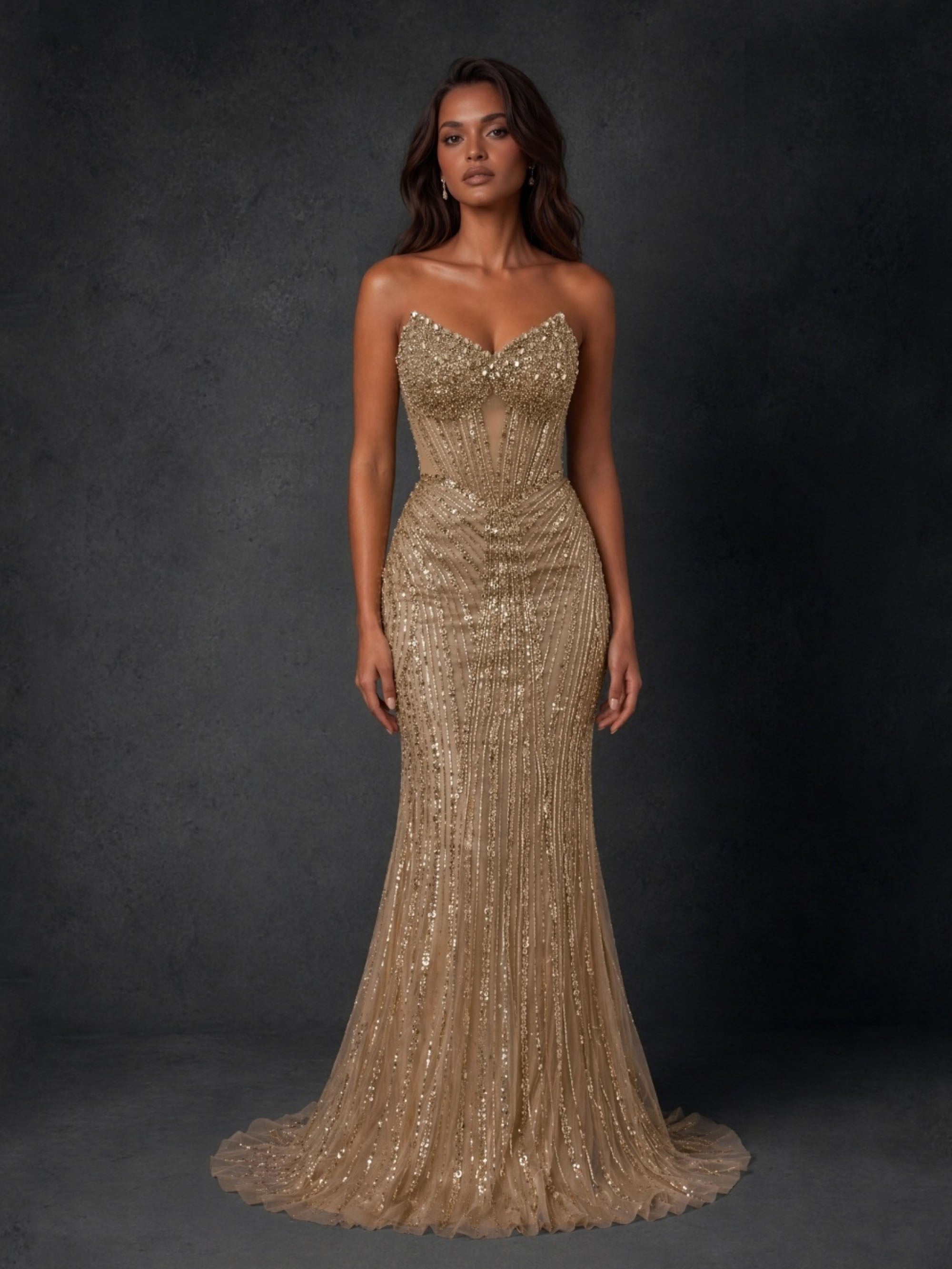 BOLODOO gold vertical stripe sequin mermaid evening gown - front view spaghetti strap style showing full silhouette