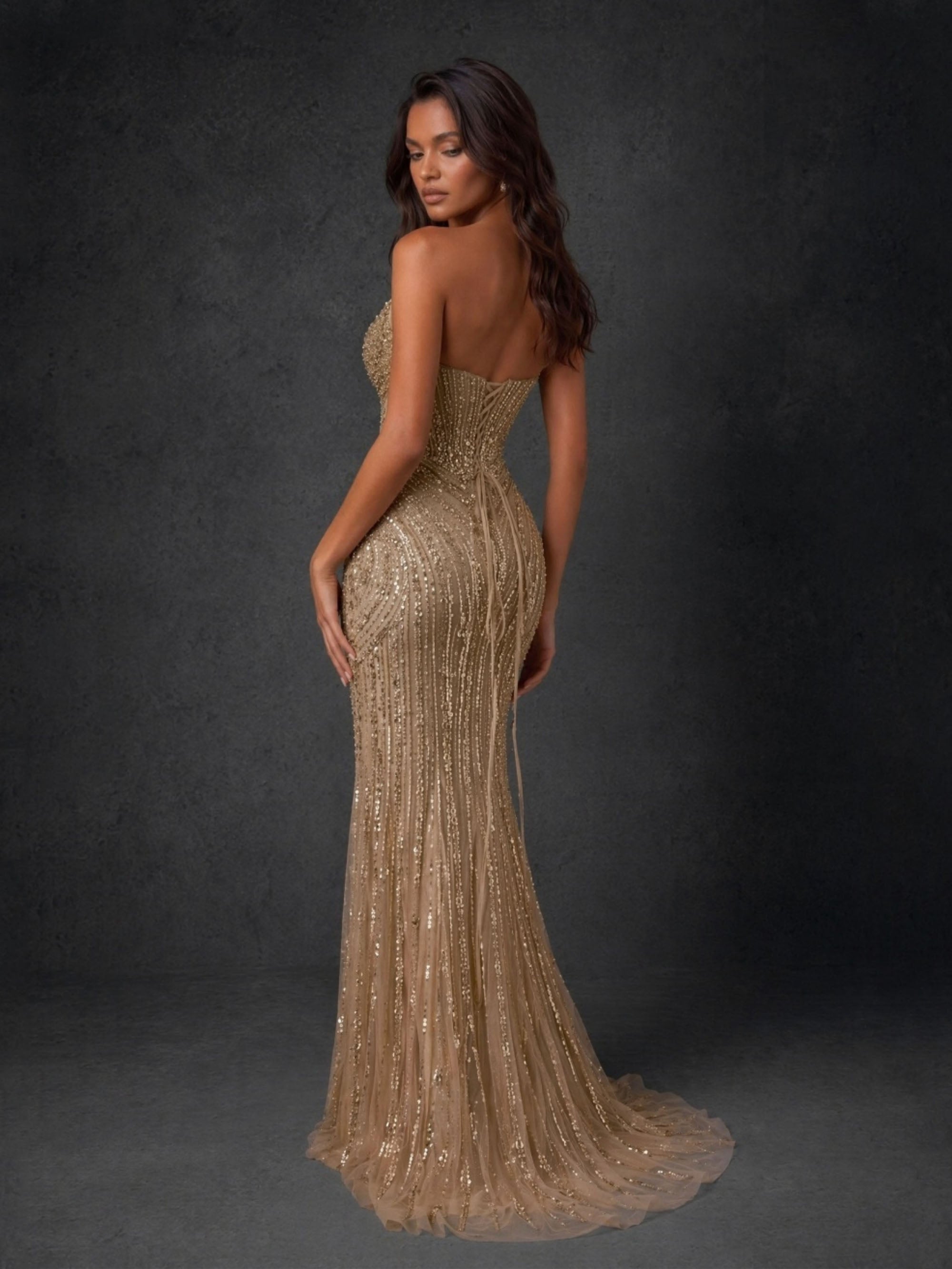 BOLODOO gold vertical stripe sequin strapless boned corset mermaid evening gown - front view showing beaded bust detail