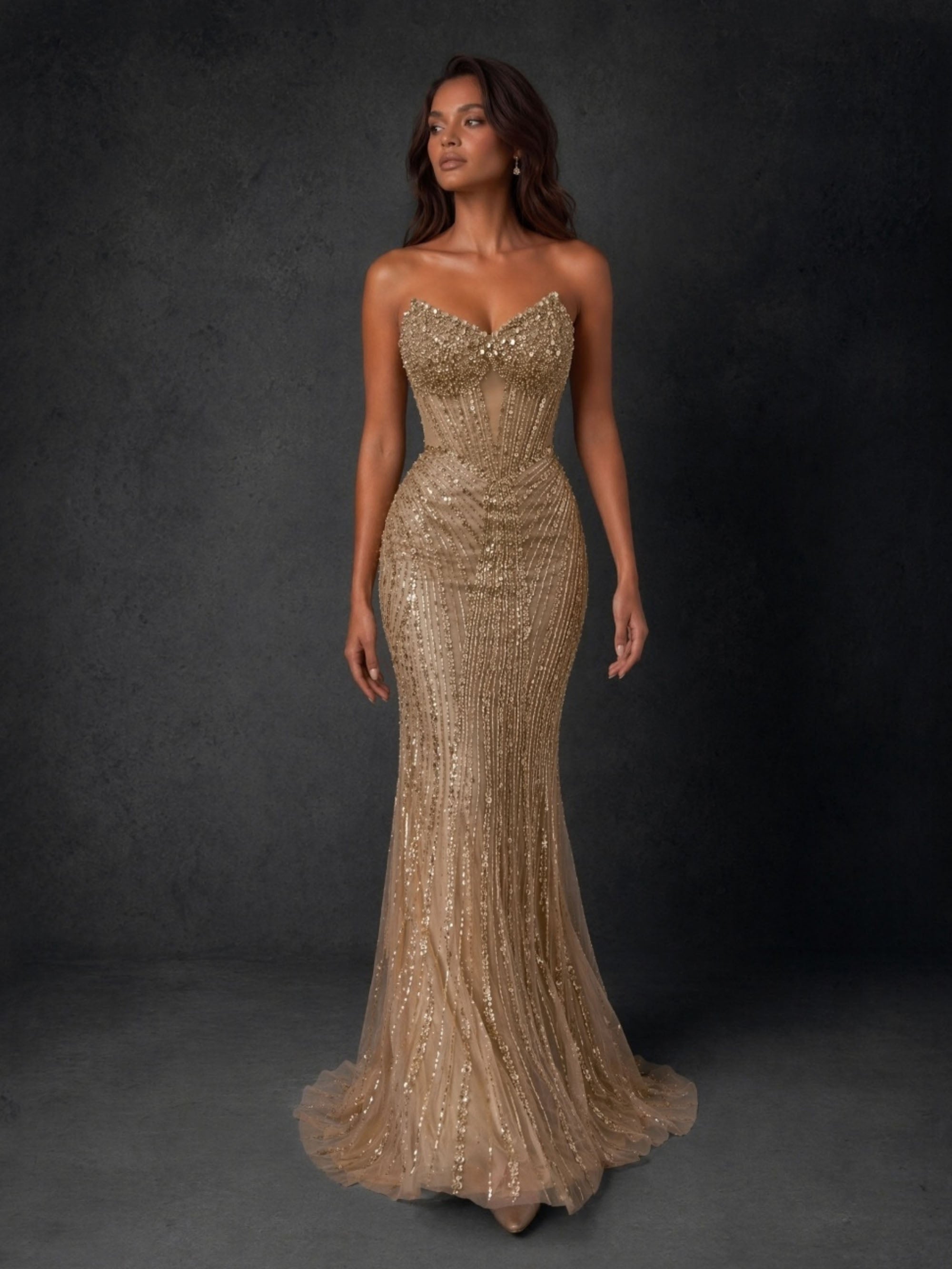 BOLODOO gold vertical stripe sequin strapless mermaid evening gown - back view showing open back and sweeping train
