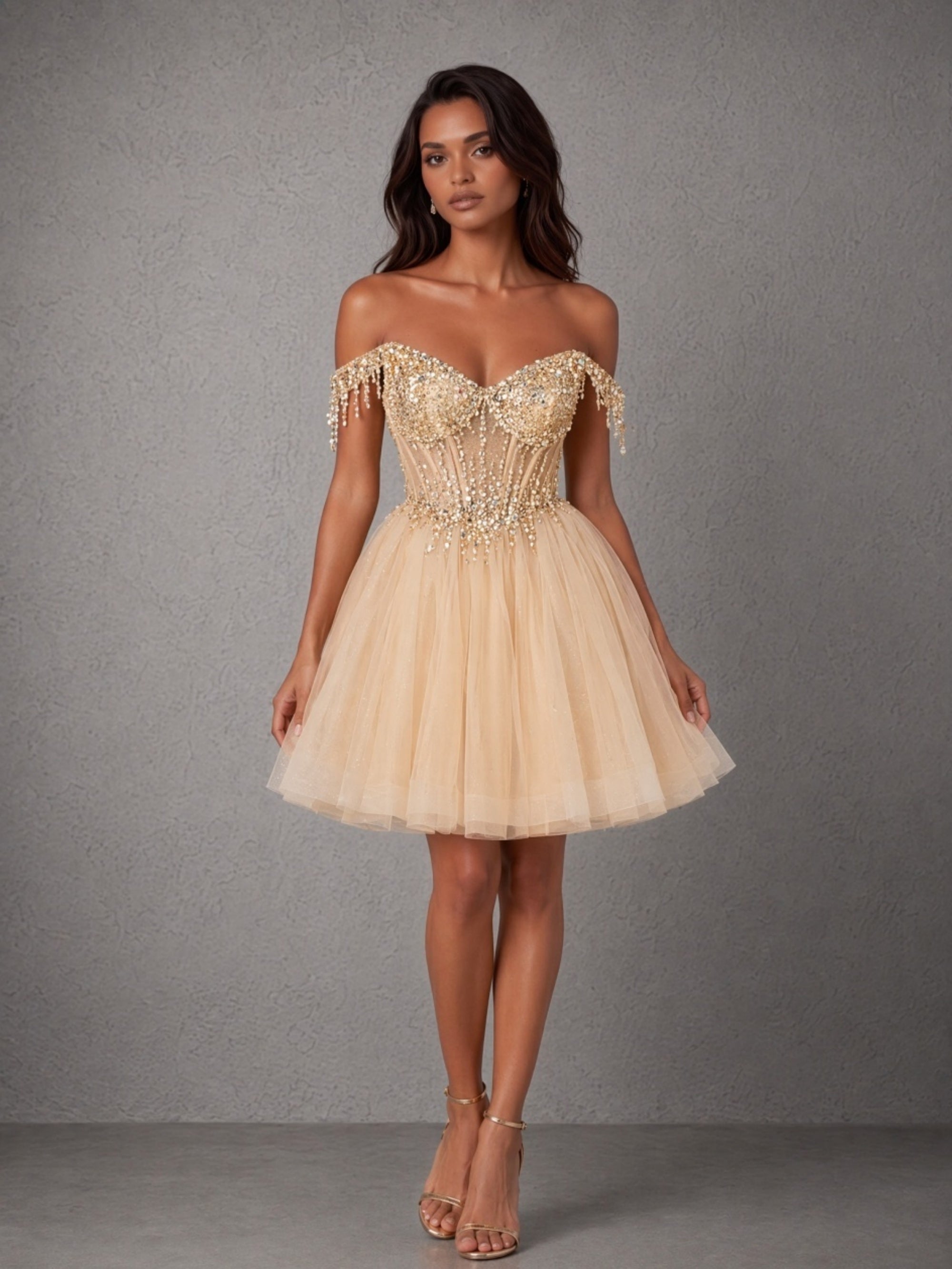 BOLODOO champagne crystal fringe off-shoulder sheer boned corset tulle mini dress - full front view dynamic walking pose