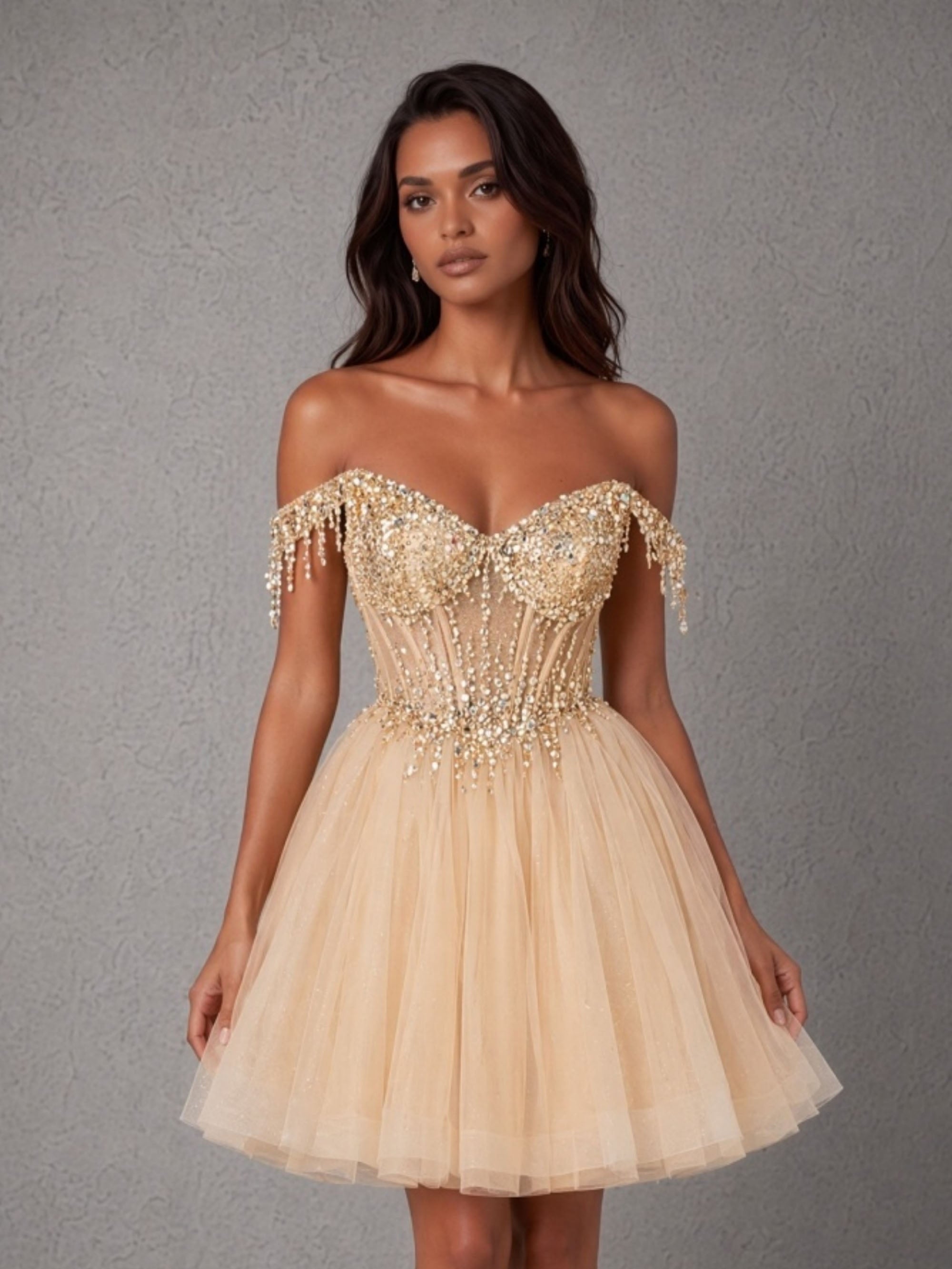 BOLODOO champagne crystal fringe off-shoulder sheer boned corset tulle mini dress - back view showing lace-up open back and crystal fringe detail