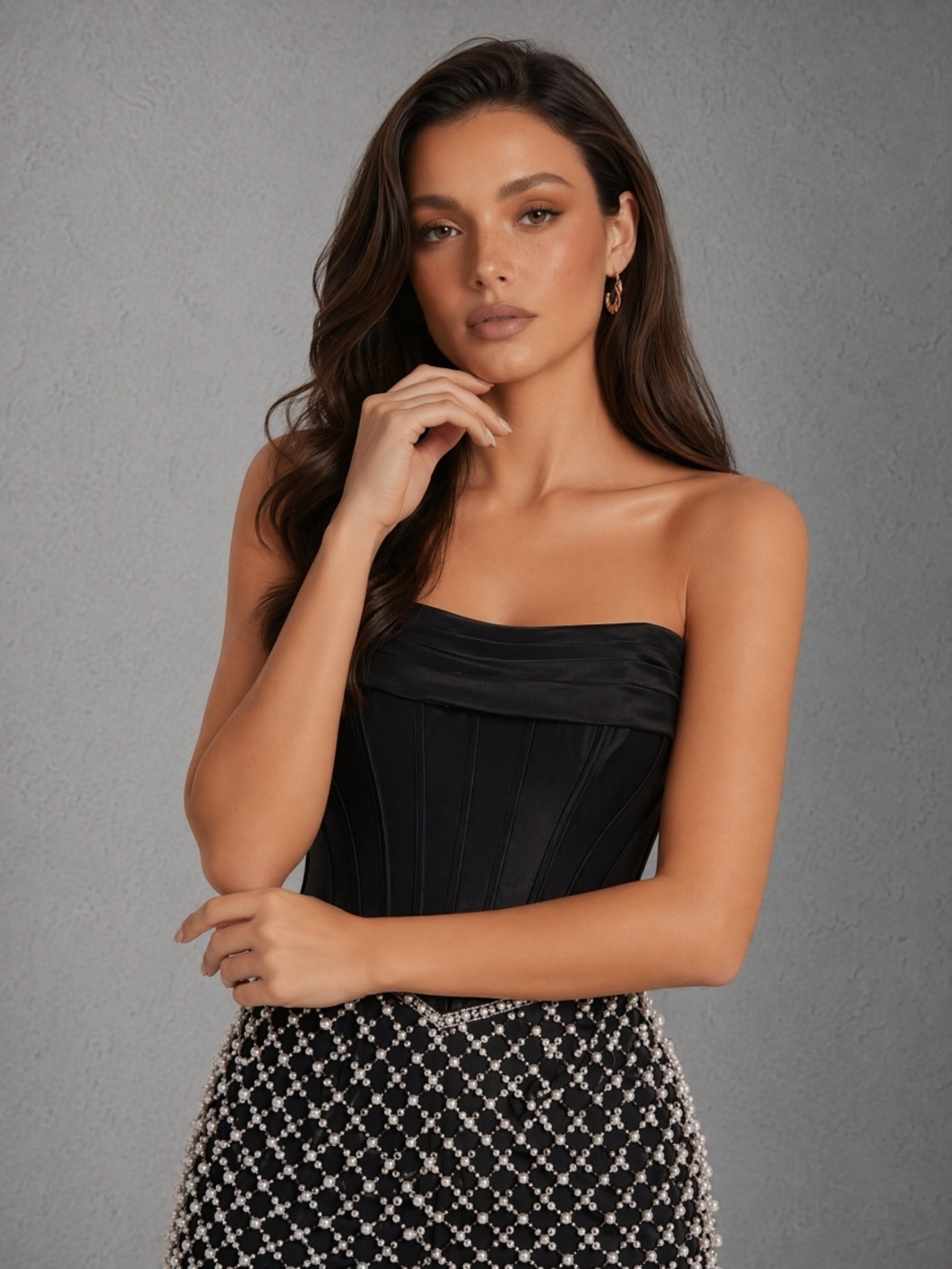 BOLODOO black strapless boned satin corset mini dress with silver geometric pearl beaded skirt - full front view looking down dynamic pose