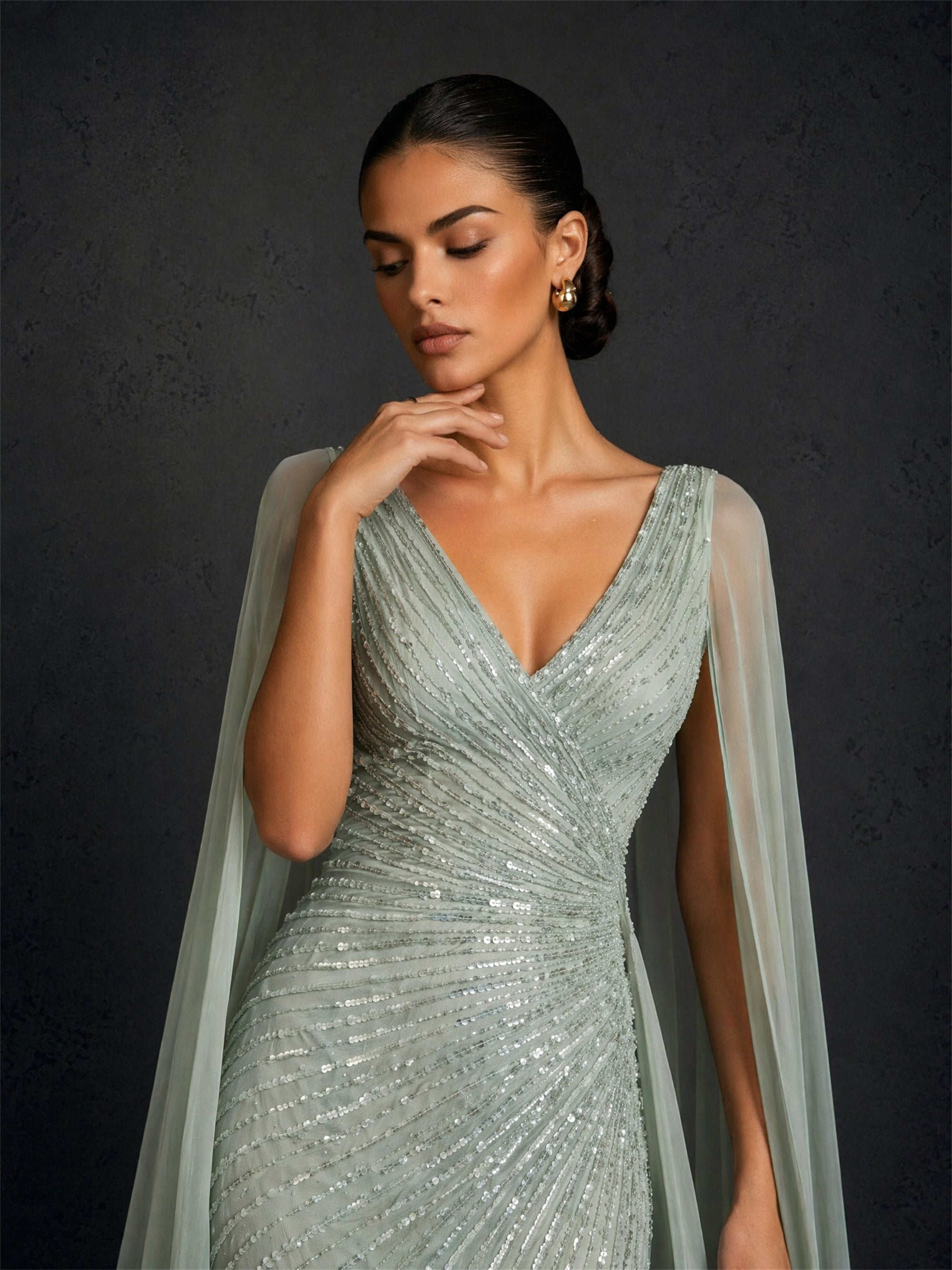 BOLODOO BD0366 sage green sequin mermaid evening gown - front view with cape sleeves and deep V-neckline